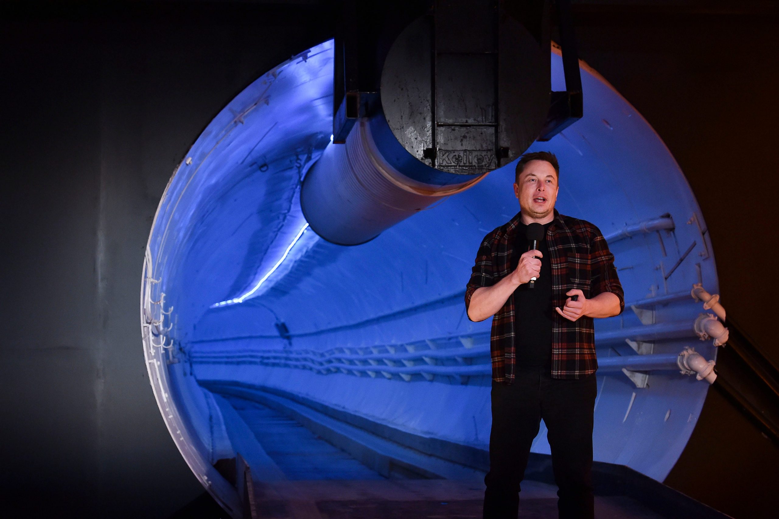 Elon Musk, co-founder and chief executive officer of Tesla Inc., speaks during an unveiling event for the Boring Company Hawthorne test tunnel in Hawthorne