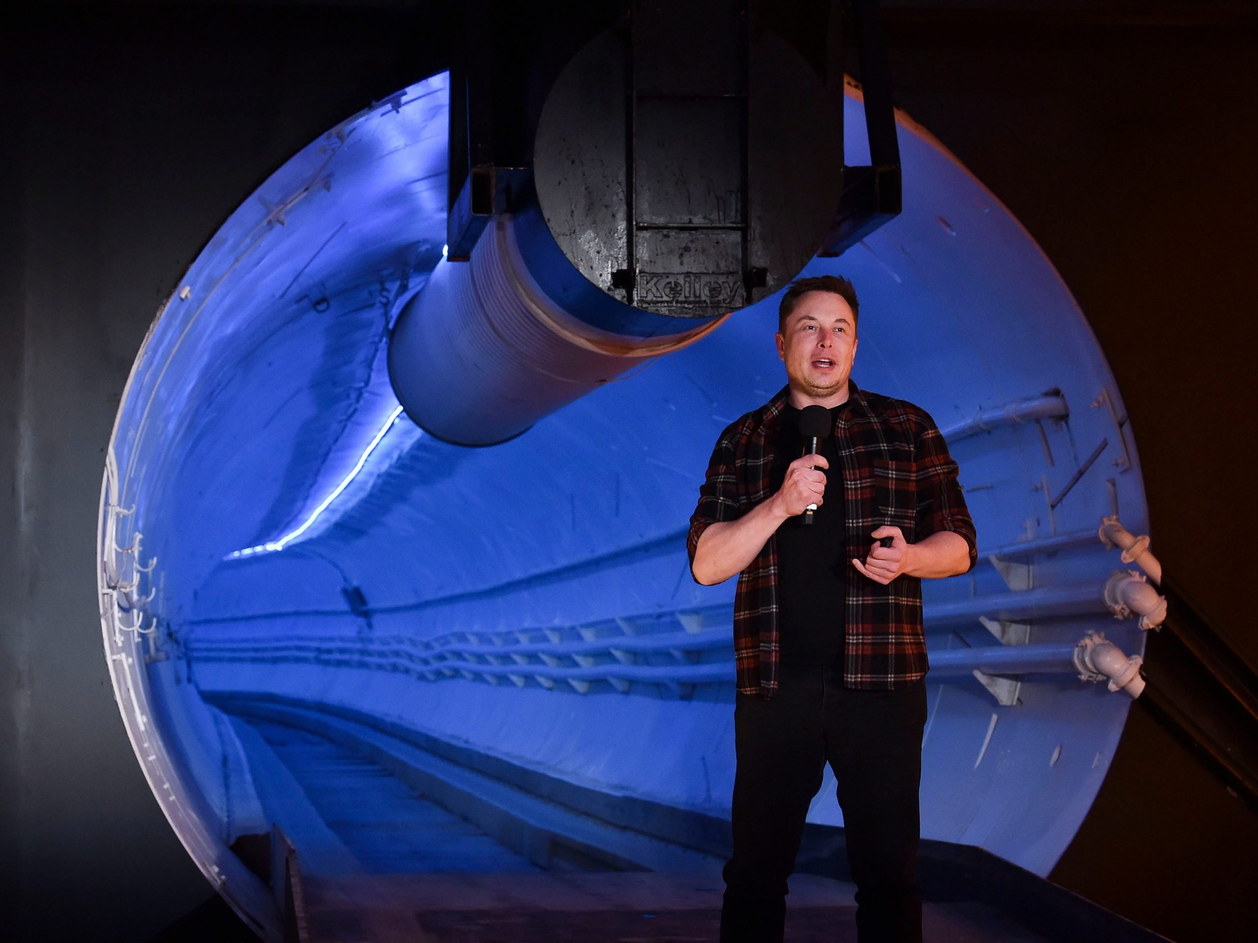 Elon Musk, co-founder and chief executive officer of Tesla Inc., speaks during an unveiling event for the Boring Company Hawthorne test tunnel in Hawthorne