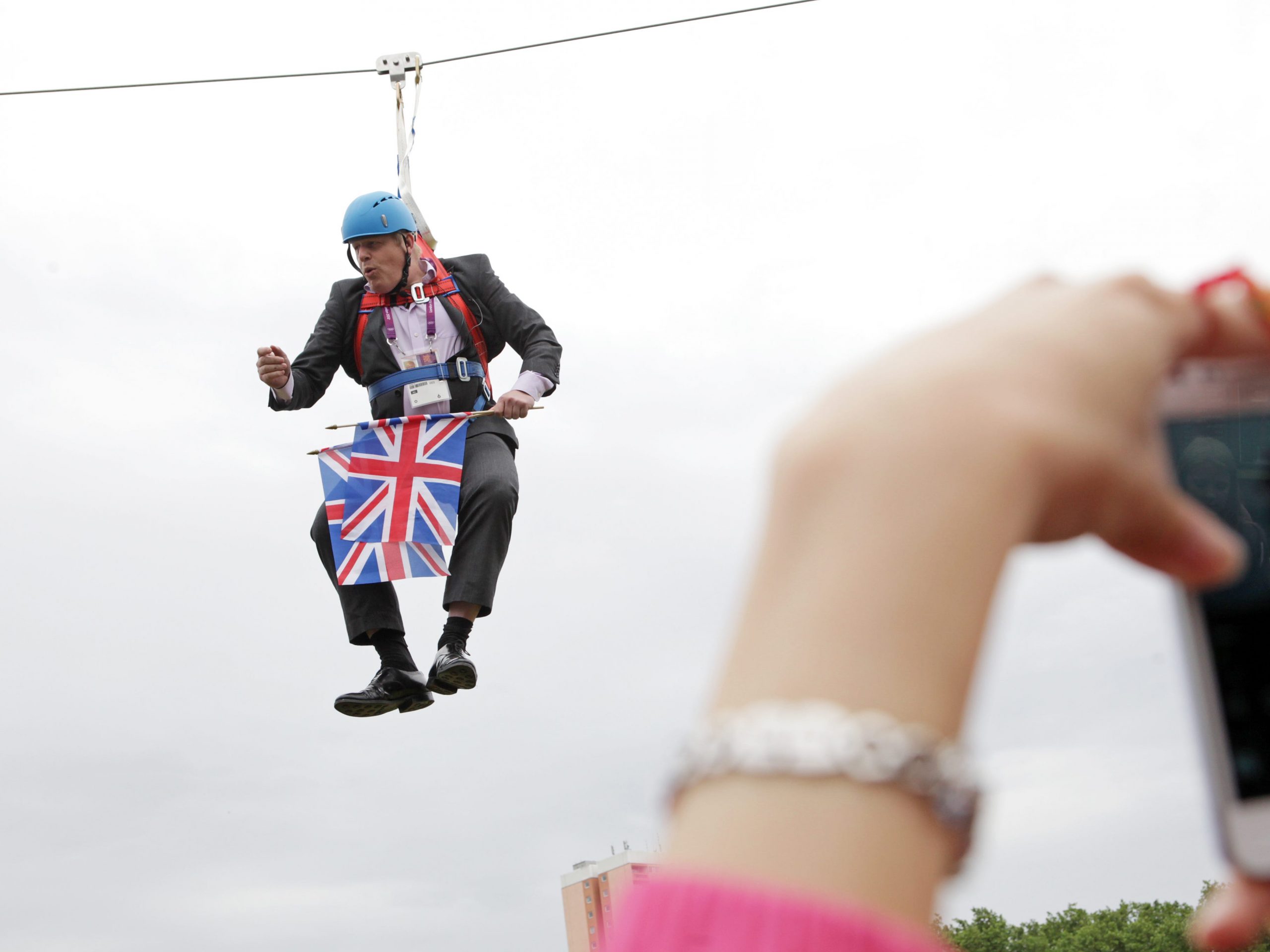 Then-Mayor of London Boris Johnson got stuck on a zip-line during BT London Live in Victoria Park on August 01, 2012 in London, England.