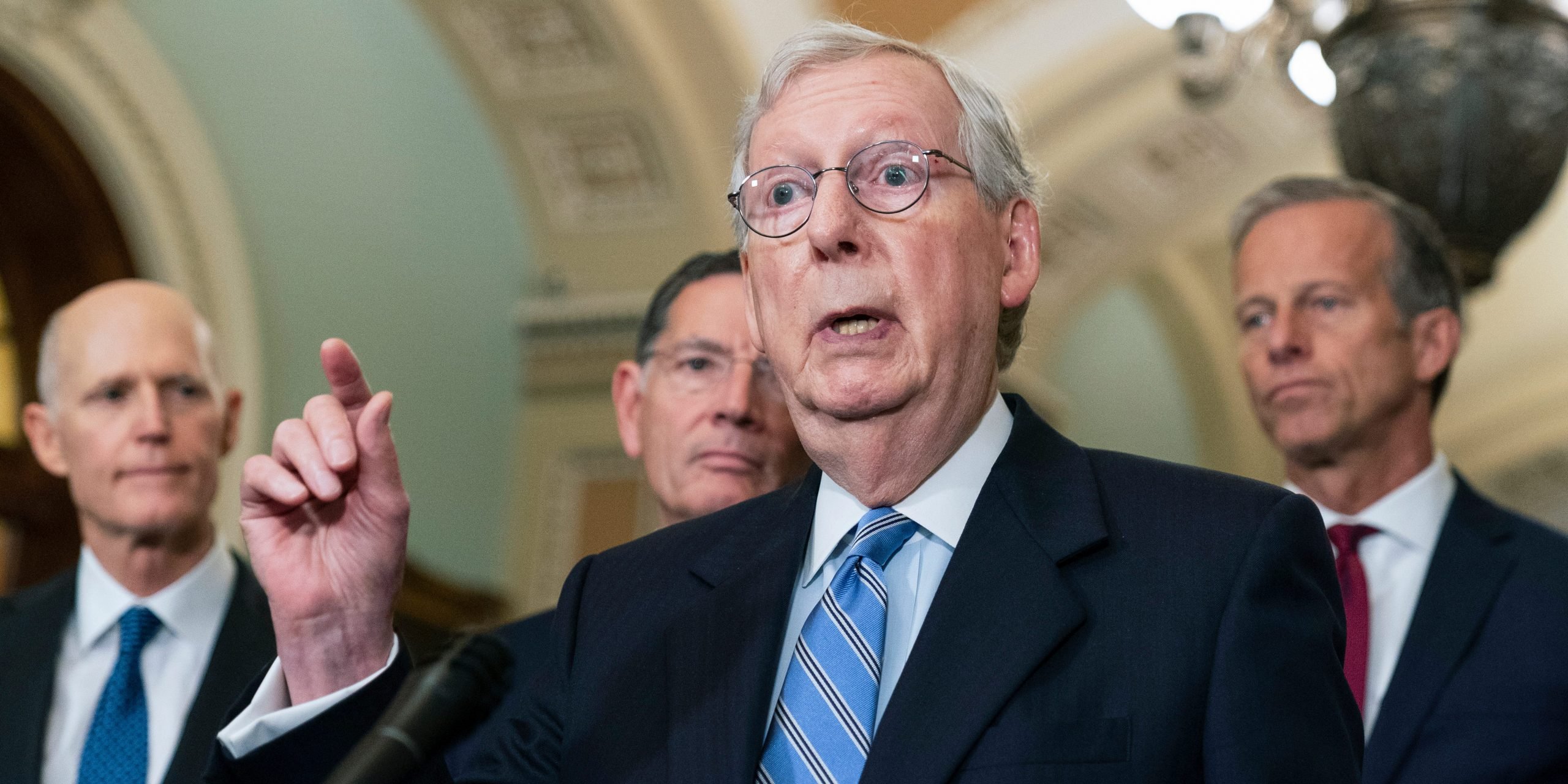 Senate Minority Leader Mitch McConnell of Ky., together with other Republican leaders speaks to reporters on Capitol Hill in Washington, Tuesday, Oct. 5, 2021.