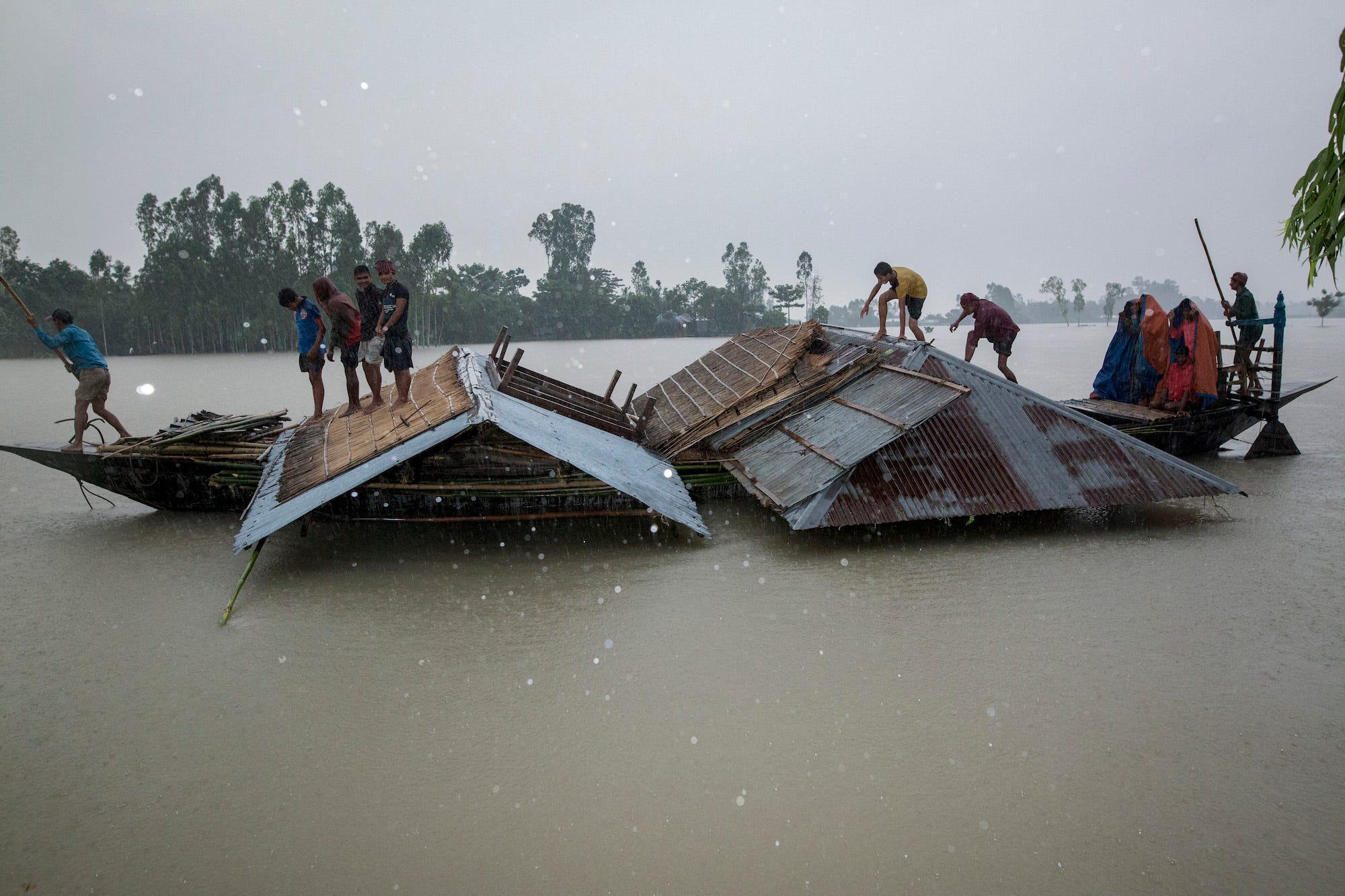 Bangladeshi flood victim man carrying their houses by boat during flood in Kurigram, Bangladesh on July 27, 2019.