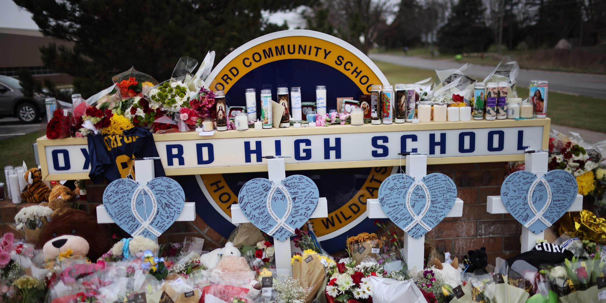 A memorial outside of Oxford High School continues to grow on December 03 2021 in Oxford, Michigan.