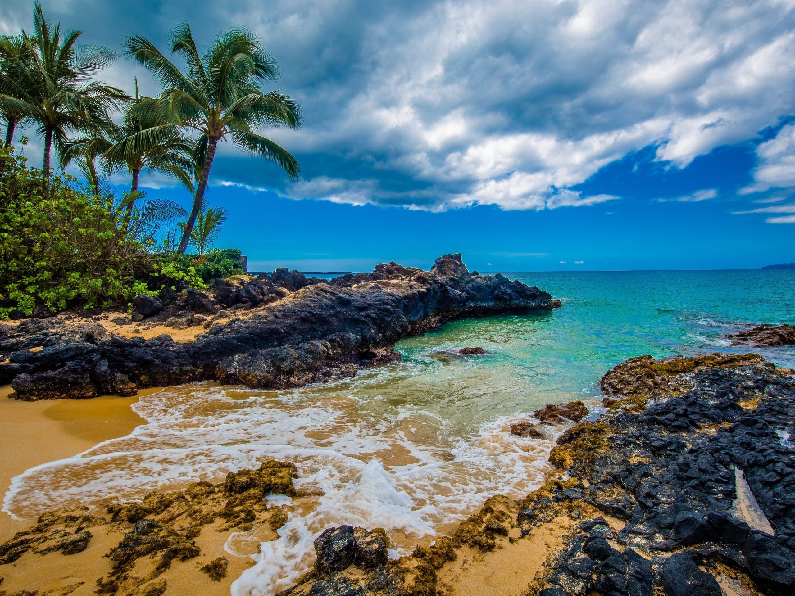 Waves rolling into a beach with rocks in Maui, Hawaii.