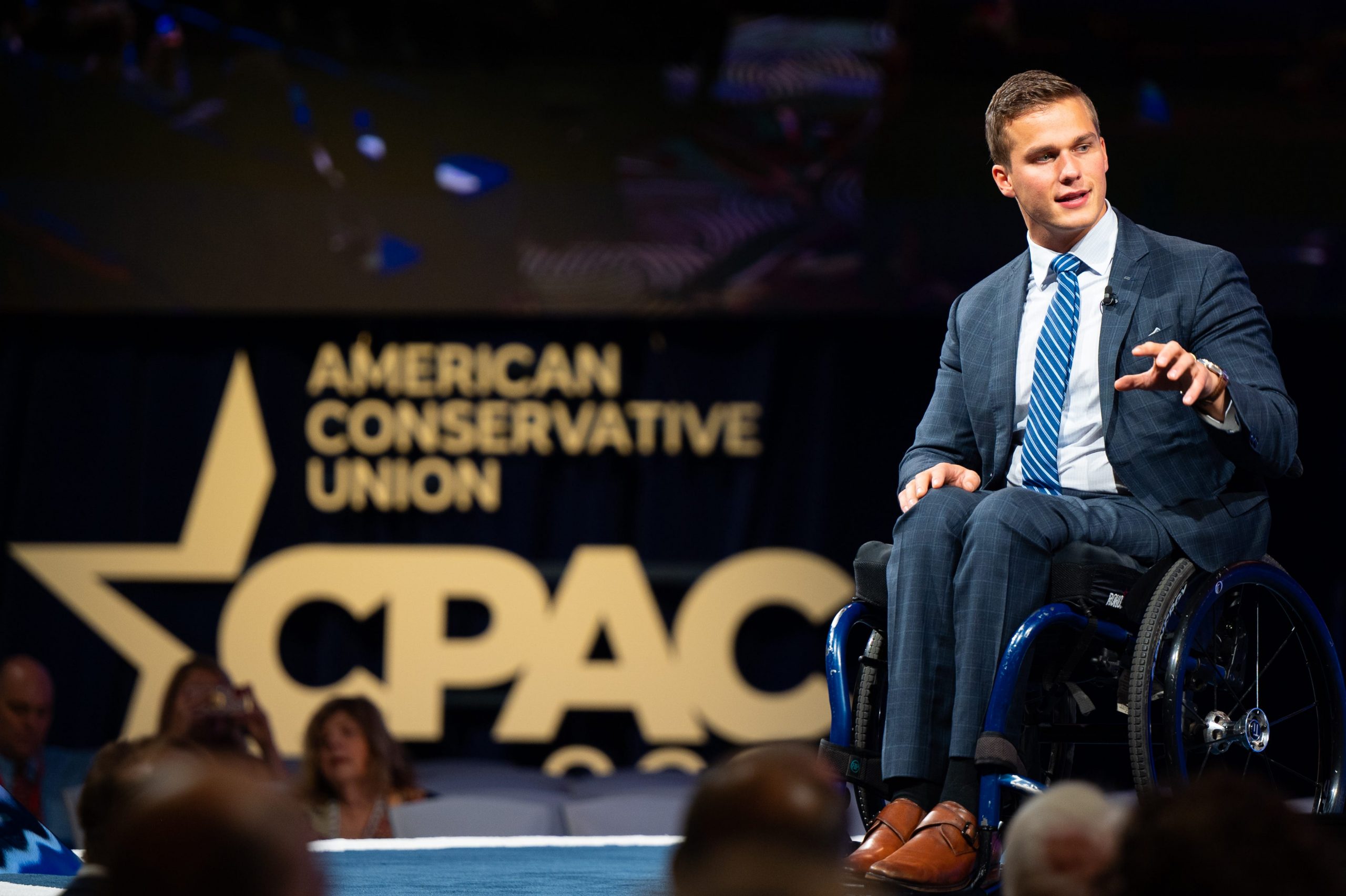 Madison Cawthorn speaks on stage at the CPAC event on July 2020