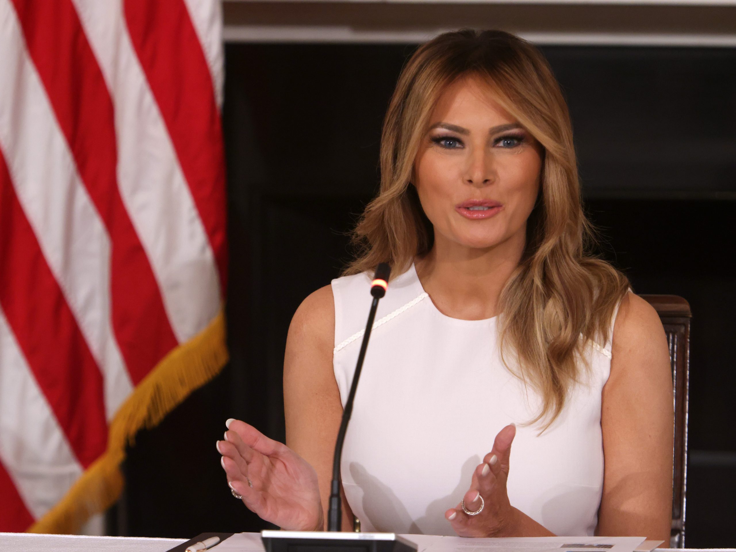 Former US First Lady Melania Trump speaks during a roundtable on sickle cell disease in the State Dining Room of the White House on September 14, 2020 in Washington, DC.