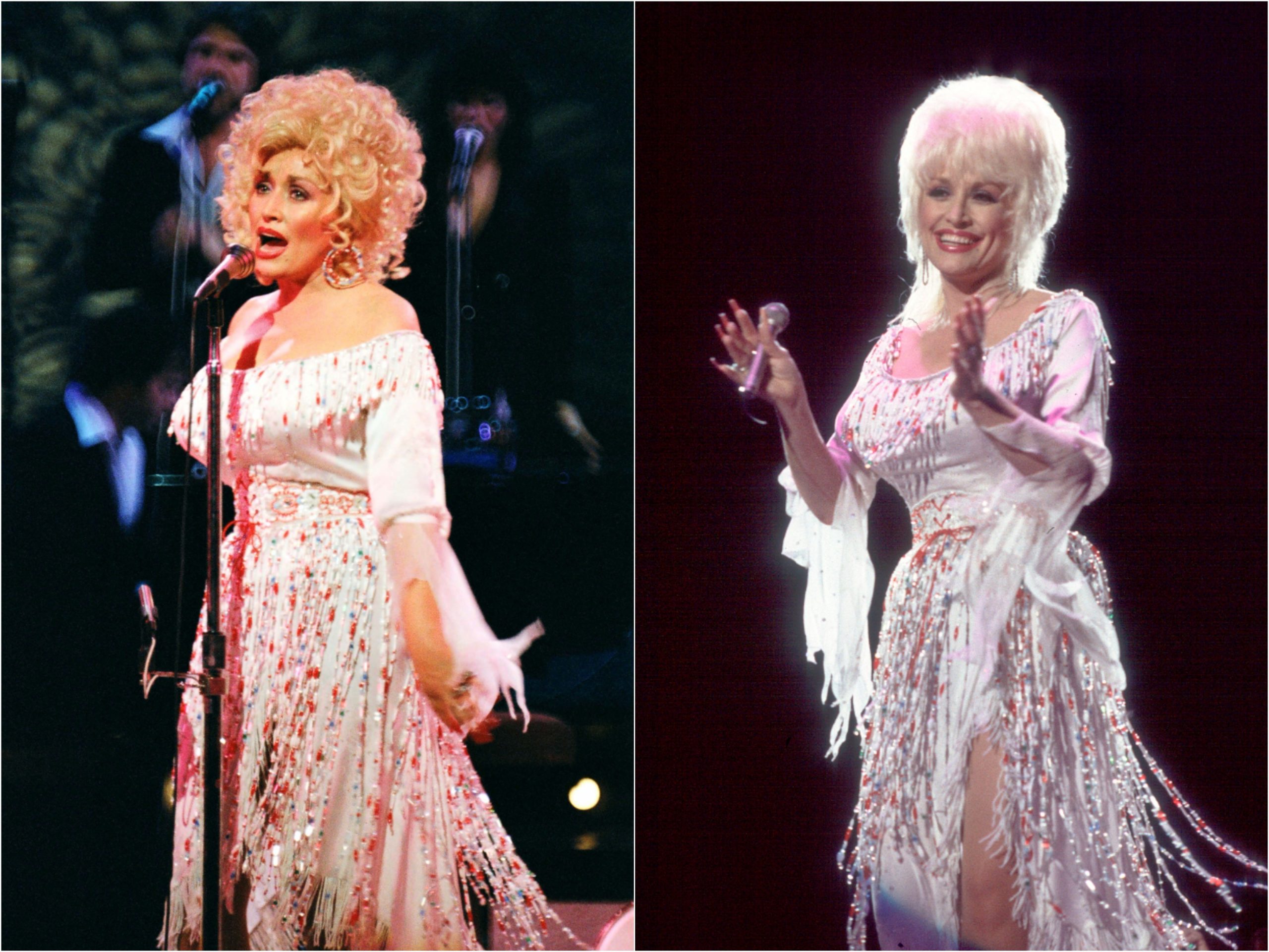 Side-by-side photos of Dolly Parton dressed in the same white scoop neck dress with beaded tassels.
