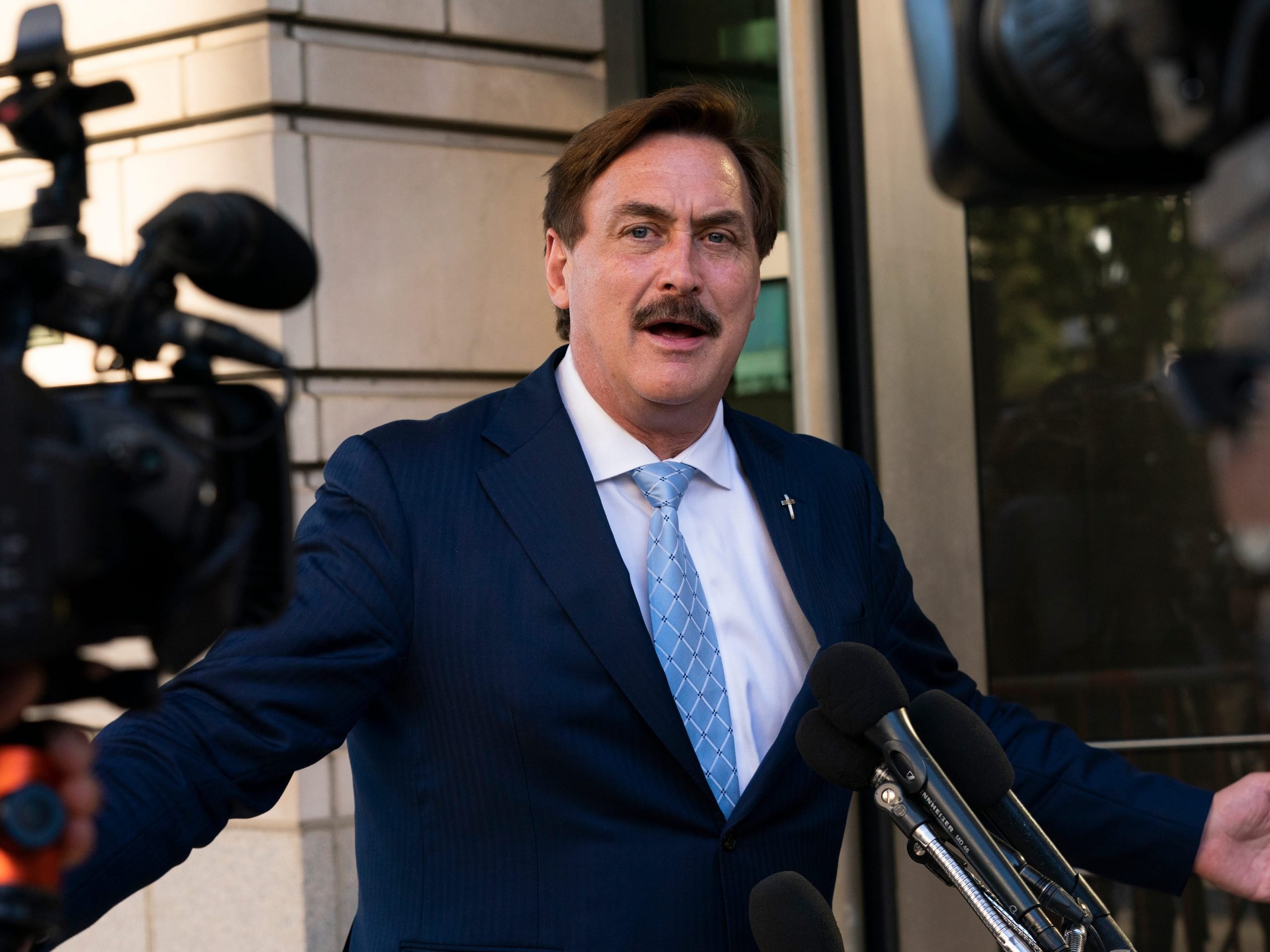 MyPillow chief executive Mike Lindell, speaks to reporters outside federal court in Washington, Thursday, June 24, 2021.