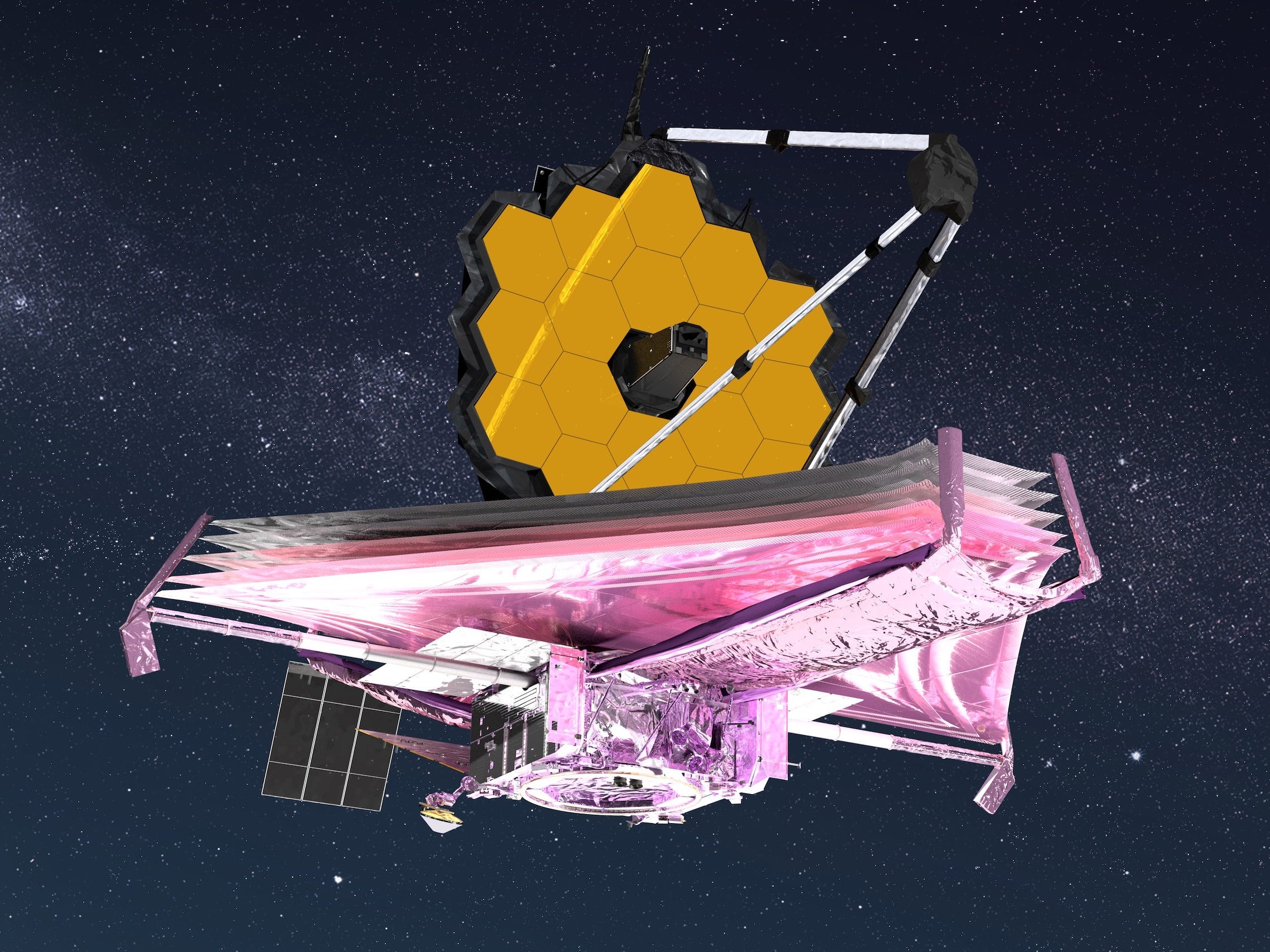 james webb space telescope artist illustration gold panels octagon on purple foil platform