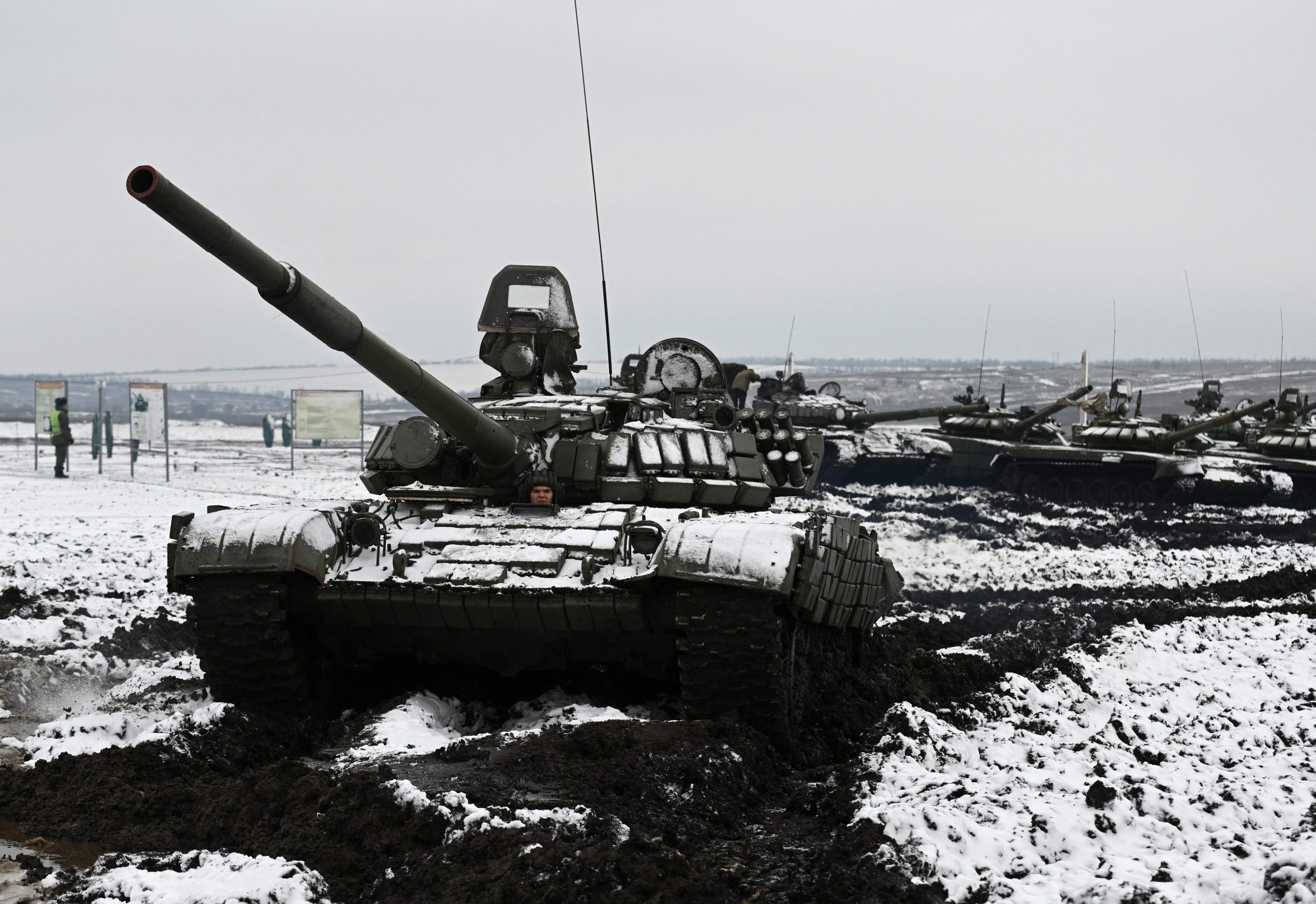 A view shows Russian T-72B3 main battle tanks during combat exercises at the Kadamovsky range in the southern Rostov region, Russia January 12, 2022.