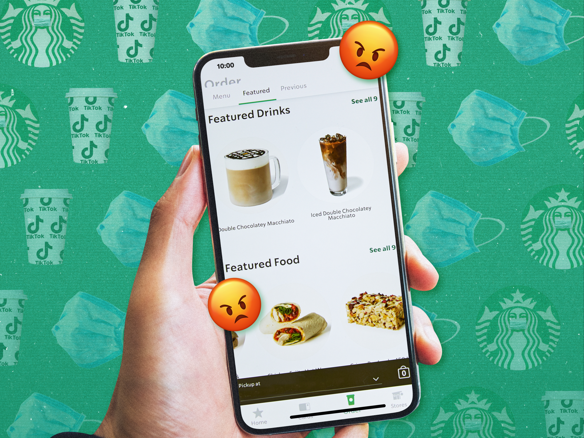 Starbucks mobile app on iPhone, surrounded by angry emojis, Starbucks logo, TikTok logo and face masks 4x3