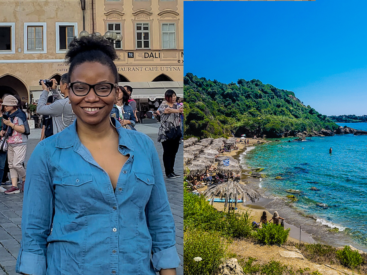 The writer in front of a cathedral and a beach in Greece