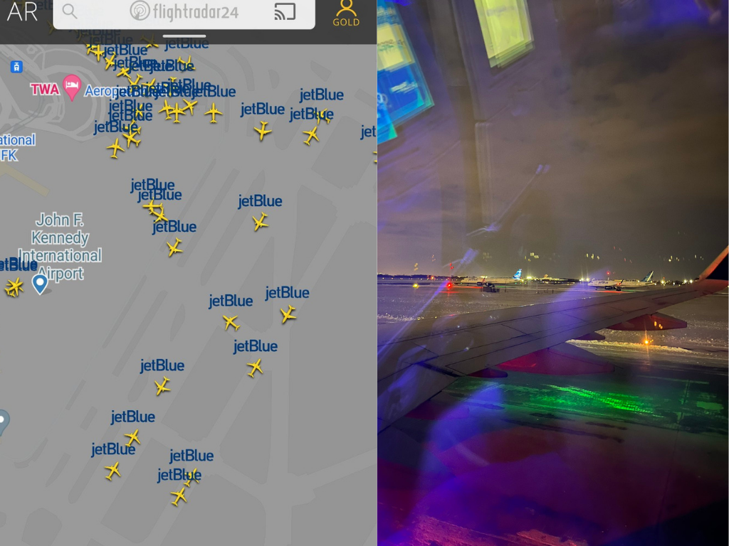 A screengrab of the flight path map at JFK airport and a picture of a plane wing