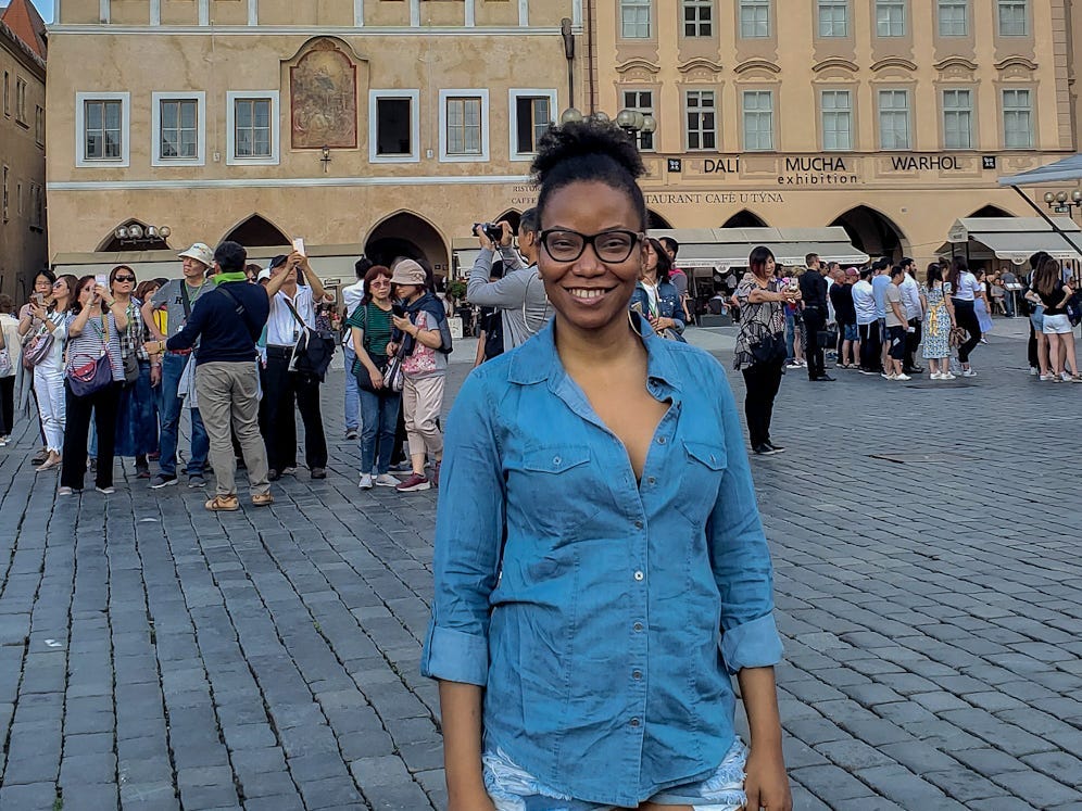 The writer in front of a cathedral in the Czech Republic