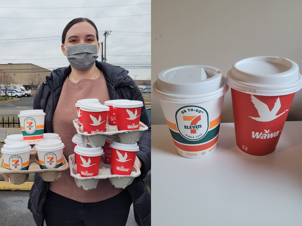 The writer holds coffee and 7-Eleven and Wawa beverages