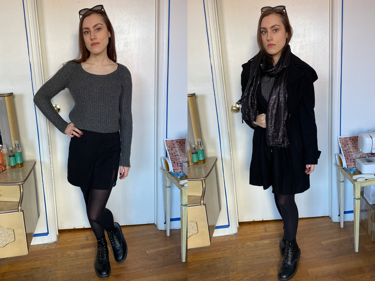 writer in cropped gray sweater, black miniskirt and black tights and boots, and the same outfit with a black wrap coat