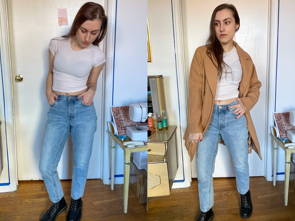 Writer with white cropped tea, light jeans, and black Doc Martens next to photo of the same outfit with a camel-colored coat