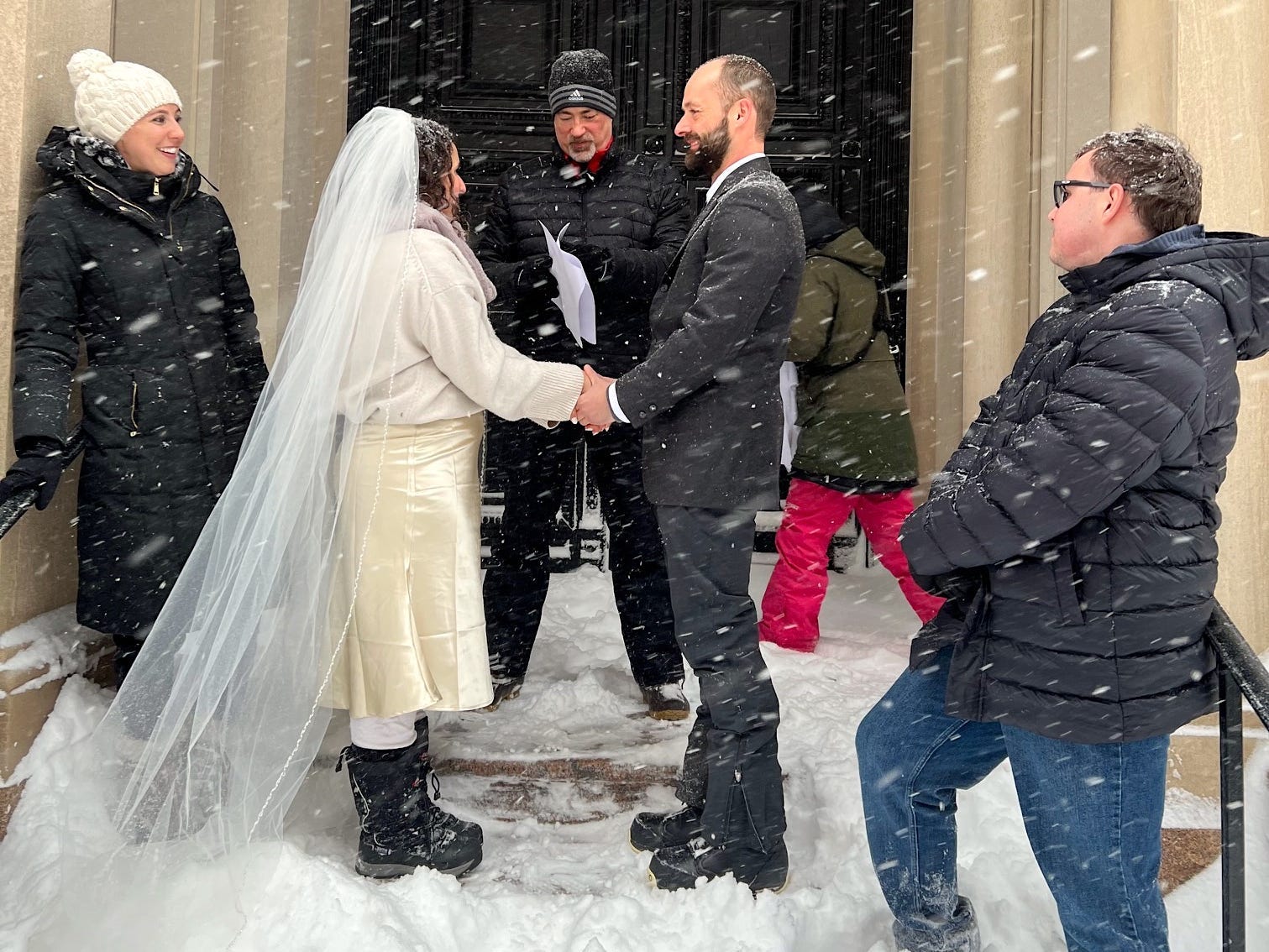 Sally and Adam Irujo snow wedding.
