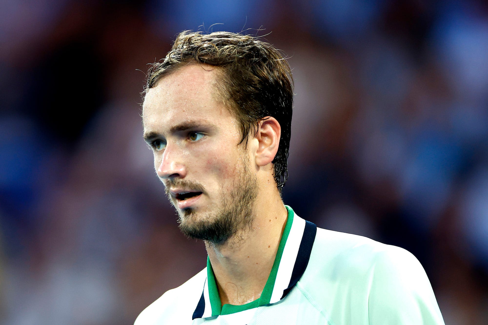 aniil Medvedev of Russia looks on in his Men's Singles Final match against Rafael Nadal of Spain during day 14 of the 2022 Australian Open at Melbourne Park