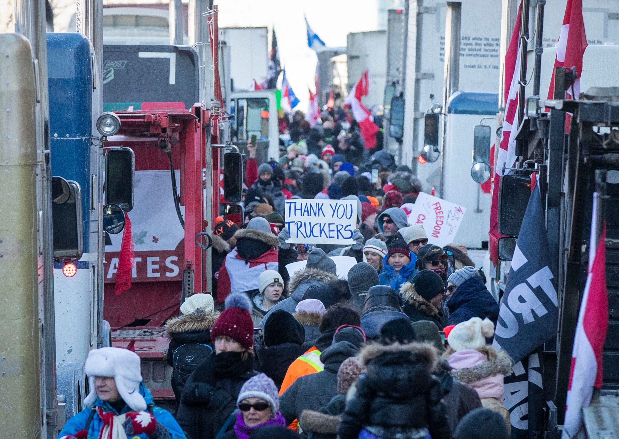 Supporters arrive at Parliament Hill for the Freedom Truck Convoy to protest against Covid-19 vaccine mandates and restrictions in Ottawa, Canada, on January 29, 2022