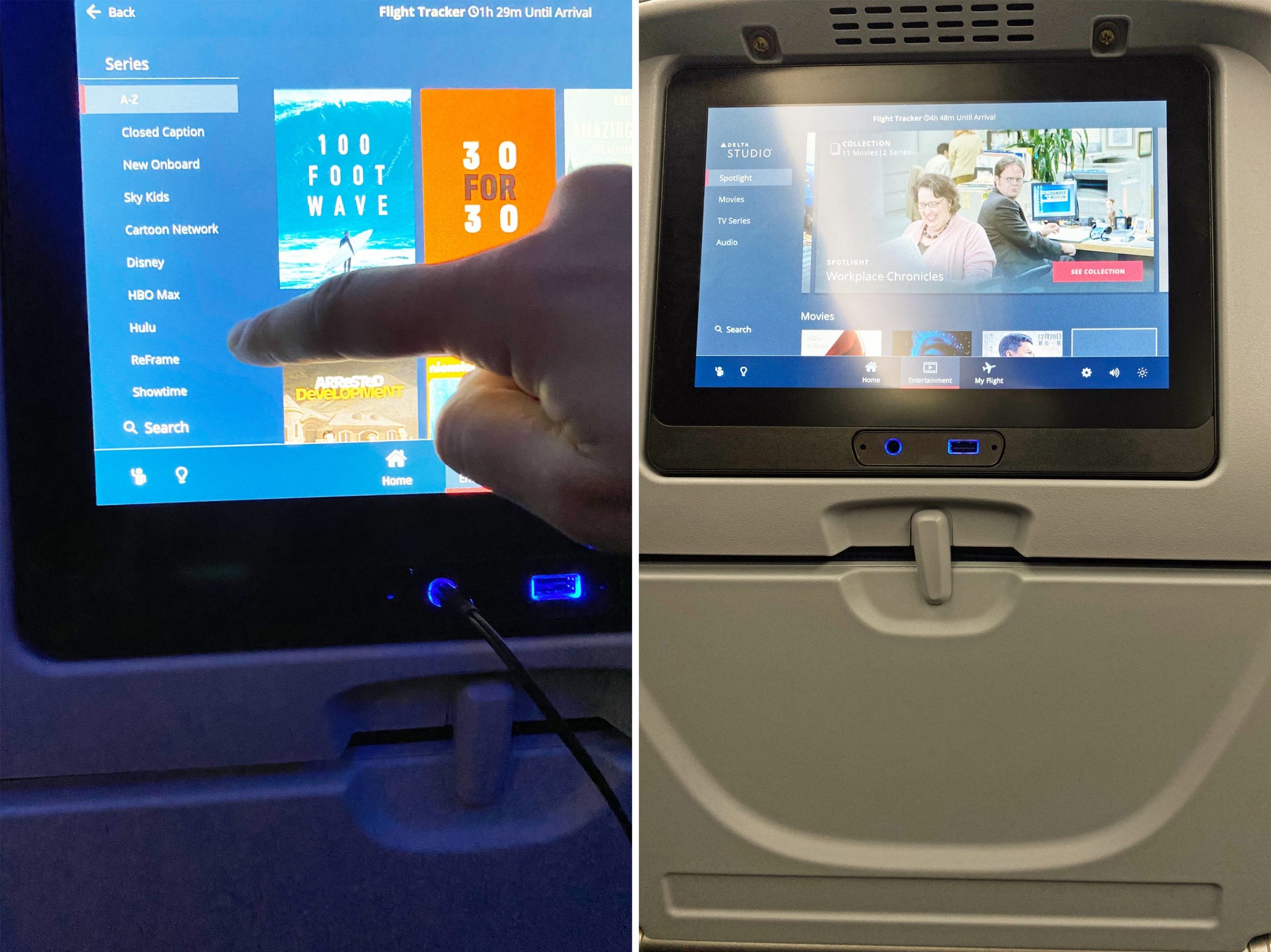 entertainment screens on an airplane
