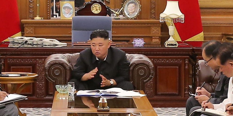 North Korean leader Kim Jong Un at a meeting with senior officials from the Workers' Party of Korea (WPK) Central Committee and Provincial Party Committees in Pyongyang, North Korea, in this undated photo released on June 8, 2021 by North Korea's Korean Central News Agency (KCNA)