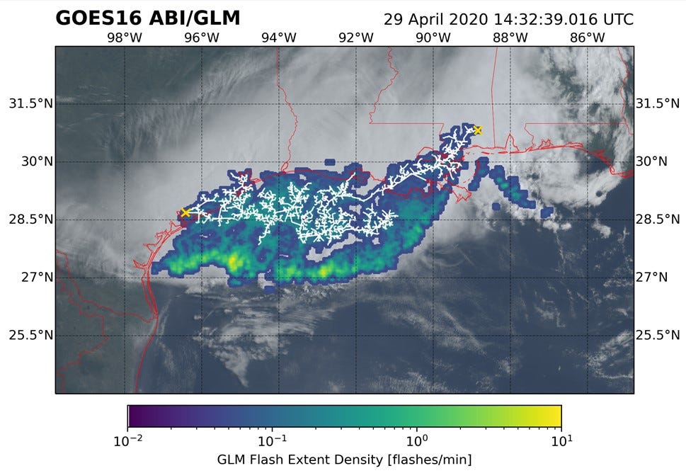 satellite map of lightning flash white lines stretch across texas louisiana missippi