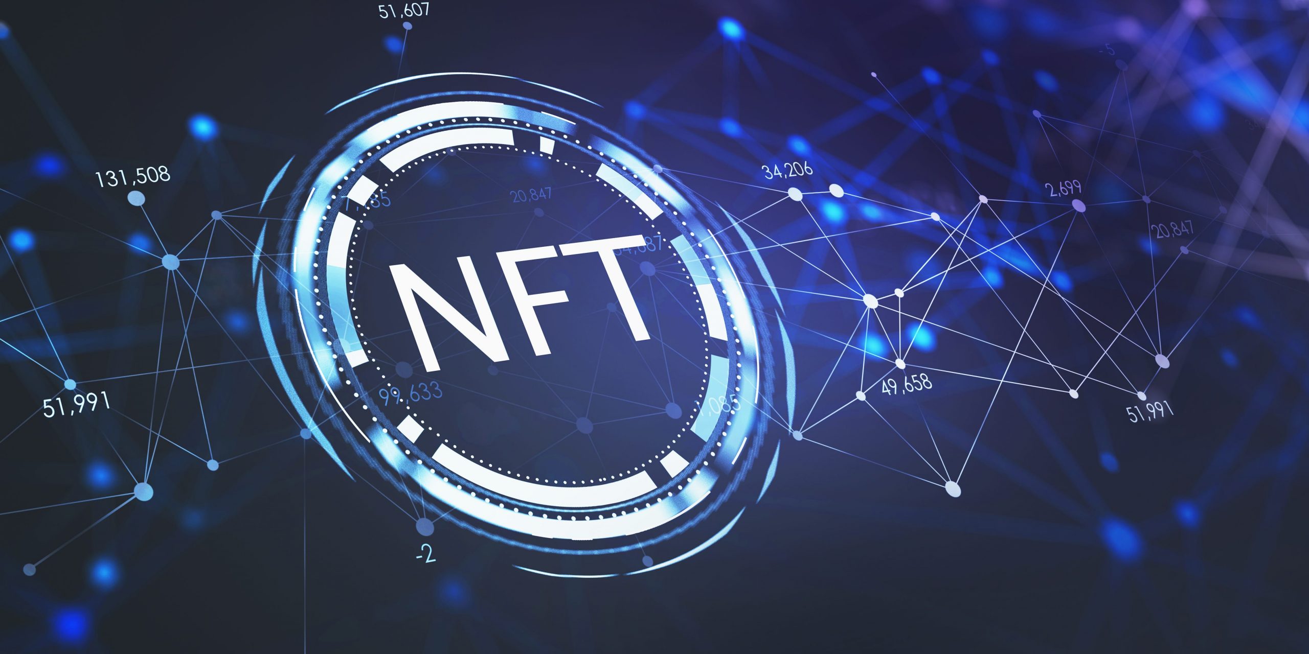 White holographic non-fungible token (NFT) icon in blue cyberspace