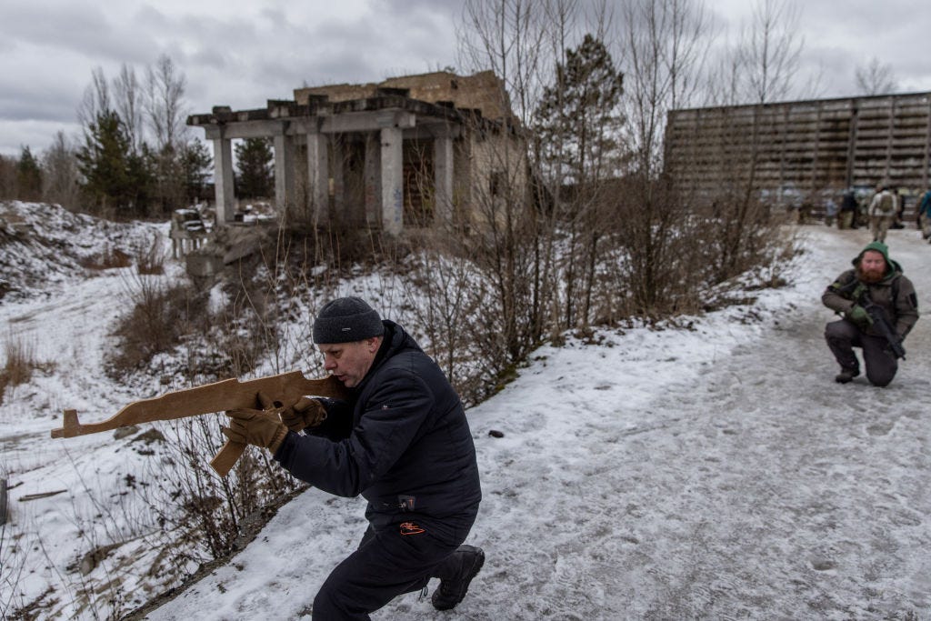 Civilians participate in a Kyiv Territorial Defence unit training session on January 29, 2022 in Kyiv, Ukraine.