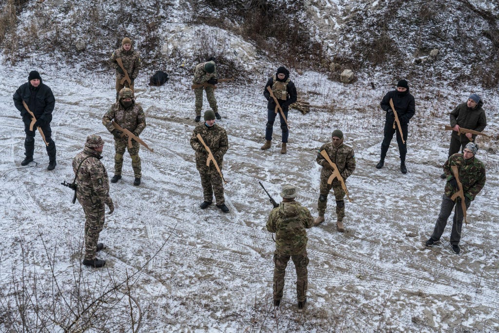 Members of the Kyiv Territorial Defense Unit are trained in an industrial area on January 15, 2022 in Kyiv, Ukraine.