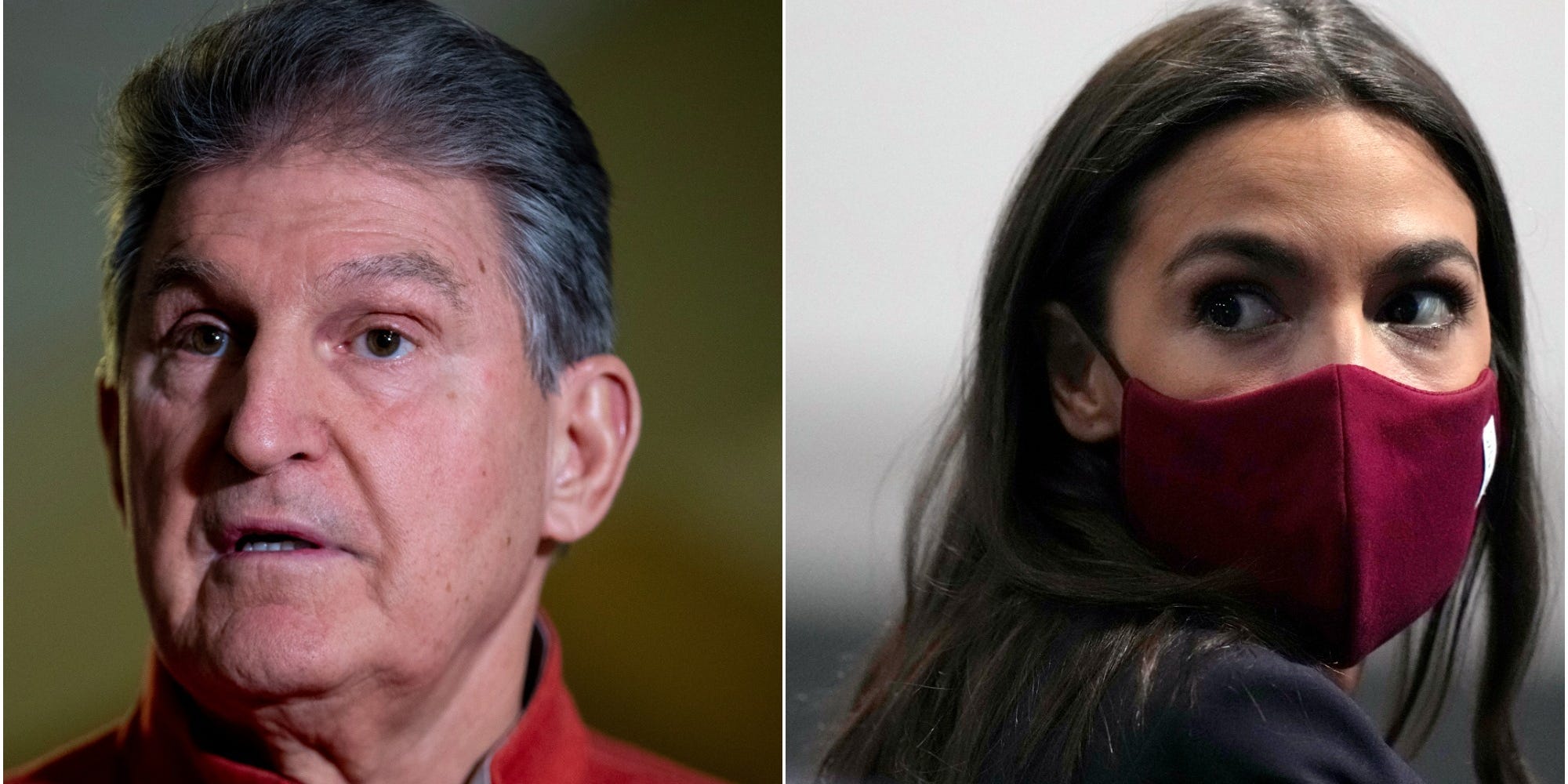 Sen. Joe Manchin, left, and Rep. Alexandria Ocasio-Cortez, right