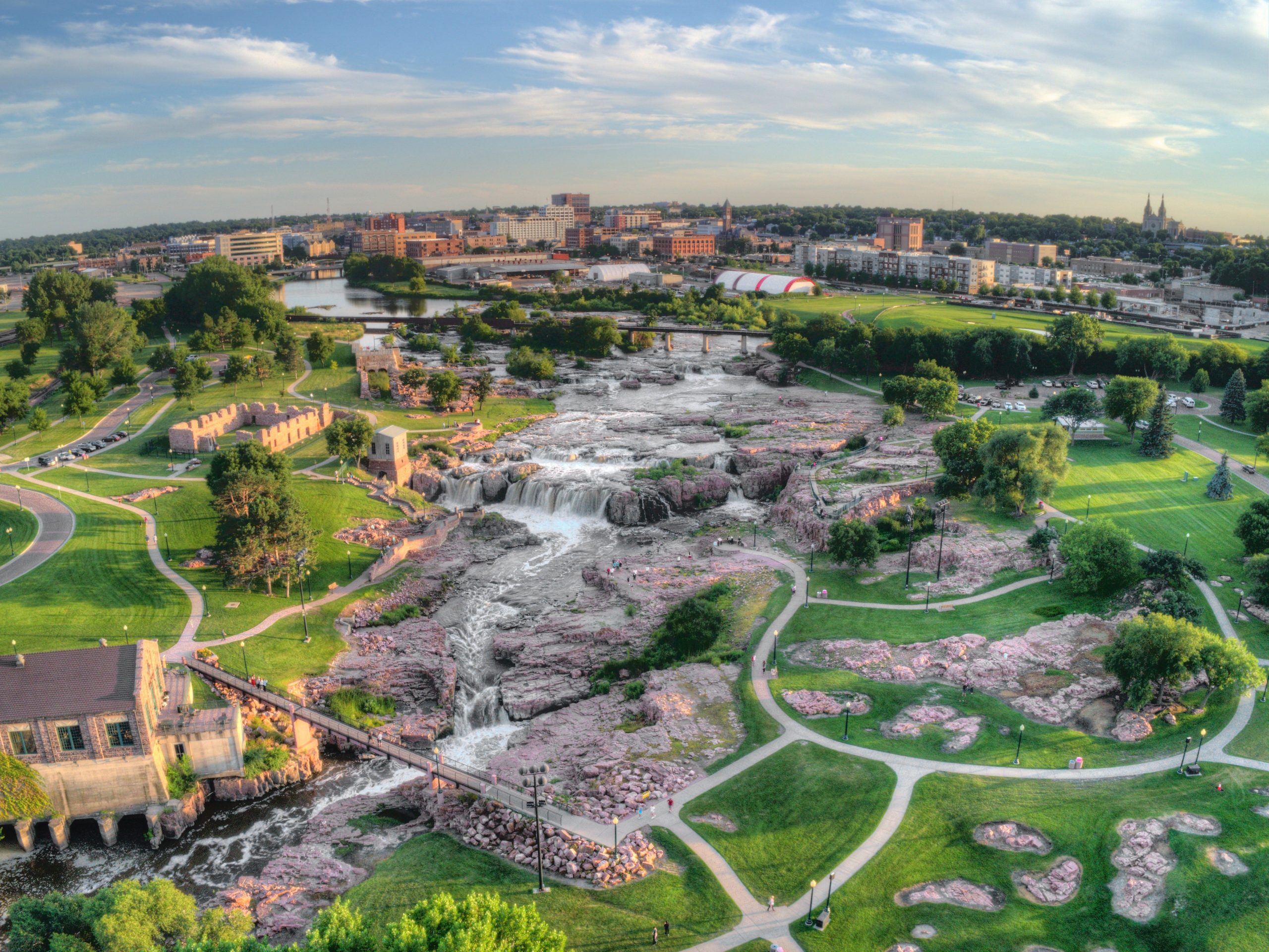 An aerial view of Sioux Falls' eponymous waterfalls.