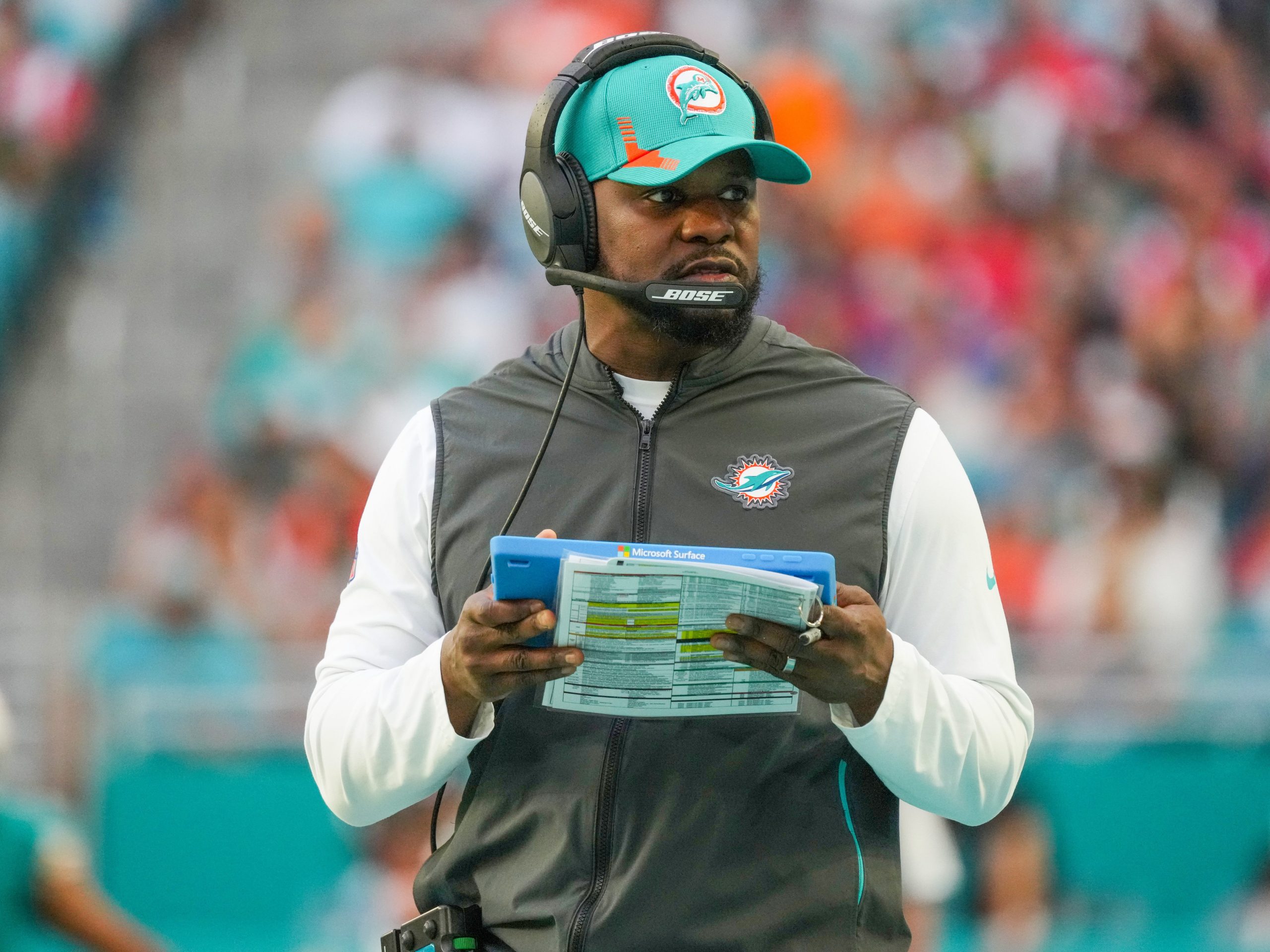 Head Coach Brian Flores of the Miami Dolphins in action against the New England Patriots during the first half at Hard Rock Stadium on January 09, 2022 in Miami Gardens, Florida.