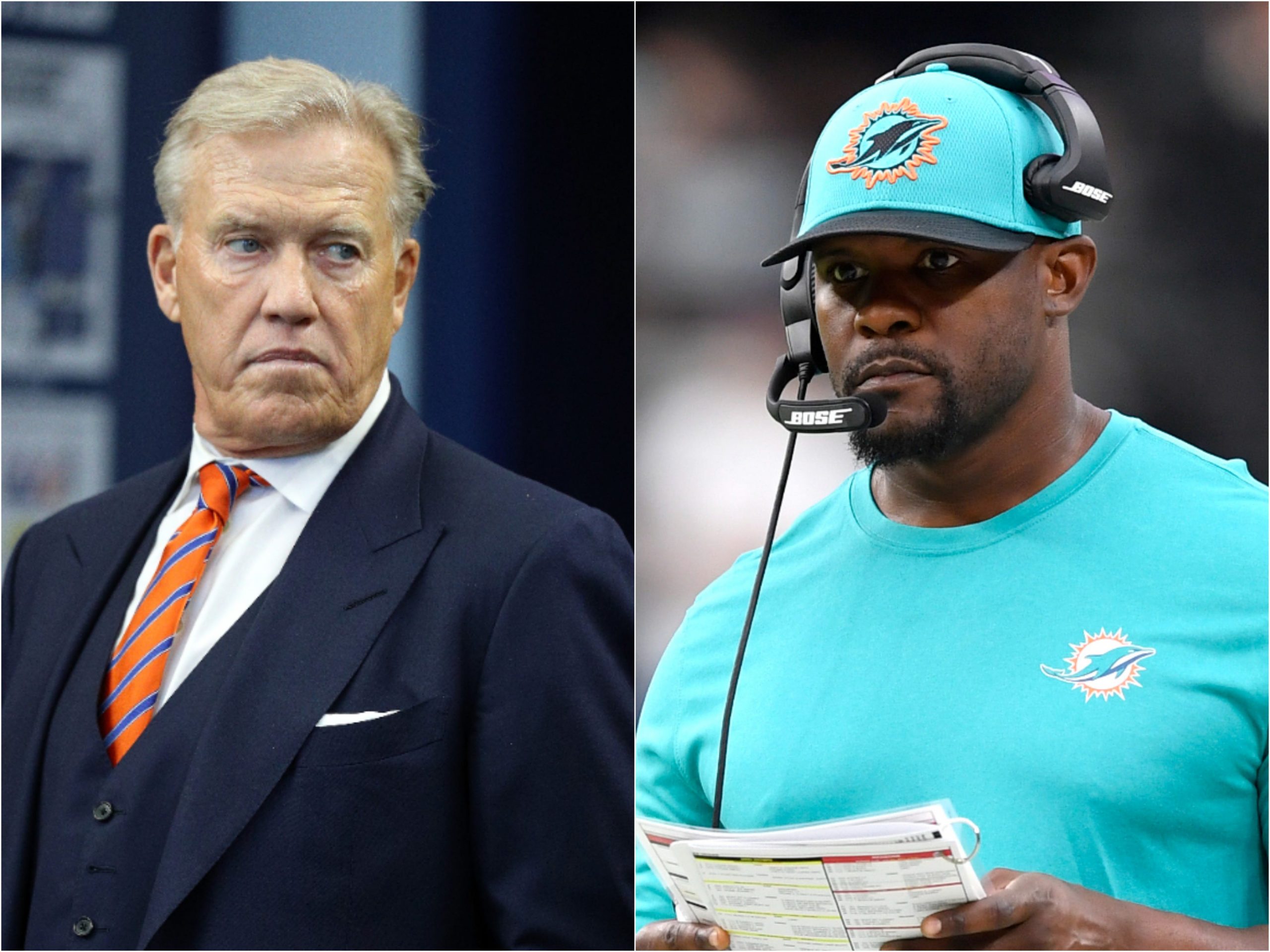 Broncos president John Elway and former Miami Dolphins coach Brian Flores