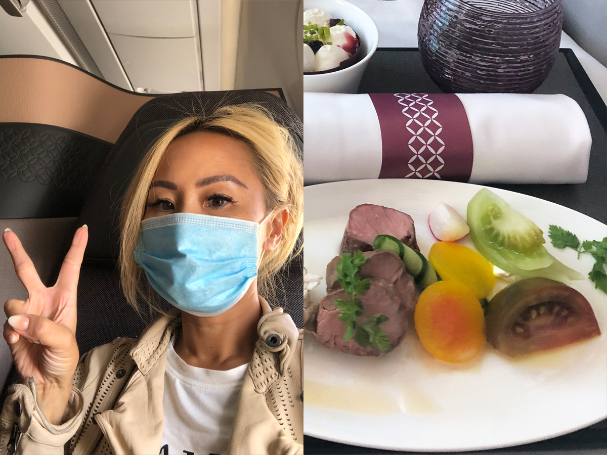 The writer on plane and meal on a tray