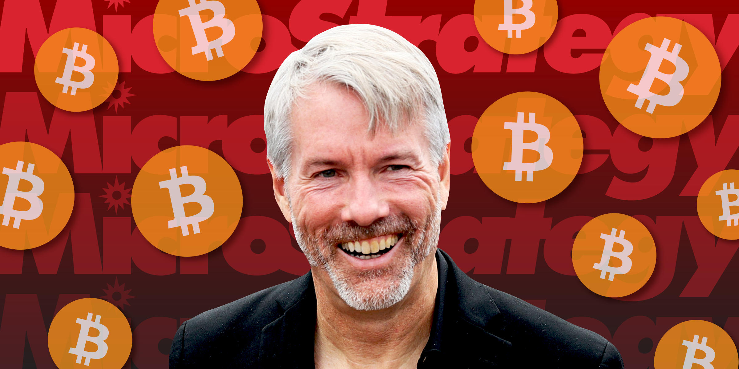 Michael Saylor, co-founder of MicroStrategy, with Bitcoin logos scattered behind him on a red-to-black gradient background