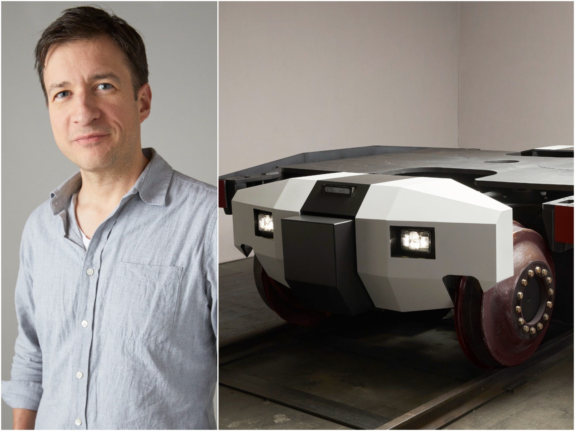 Parallel Systems CEO Matt Soule next to a picture of the self-driving electric rail car