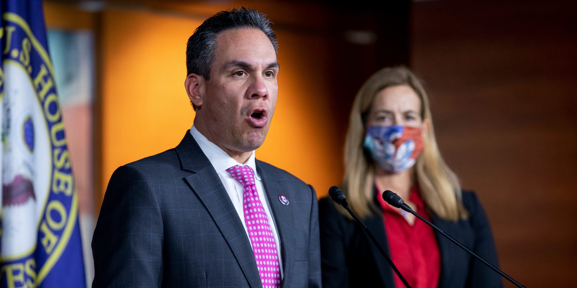 Rep. Pete Aguilar, D-Calif., speaks to members of the media during a news conference on Capitol Hill in Washington, on Tuesday, Aug. 24, 2021. Rep. Mikie Sherrill, D-N.J., looks on at right.