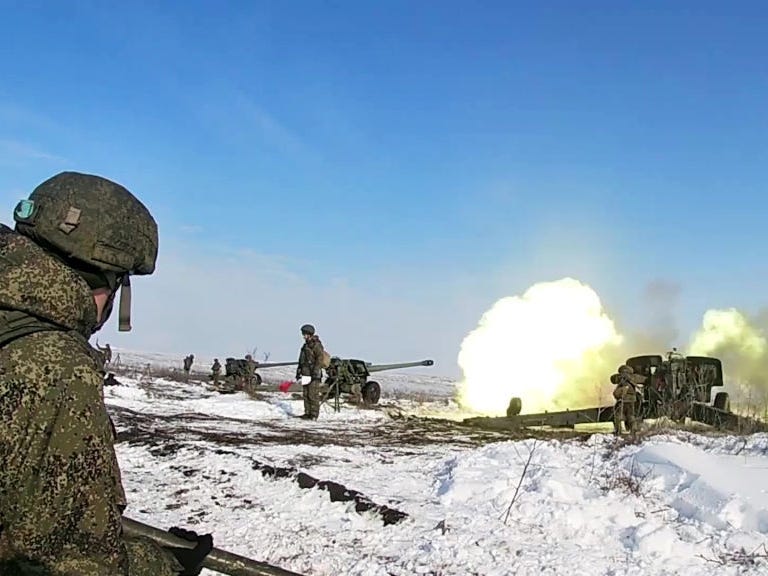 Russian servicemen from the units of the 150th Motor Rifle Division of the Southern Military District take part in exercises on the training grounds in the Rostov Region, Russia, on January 28, 2022