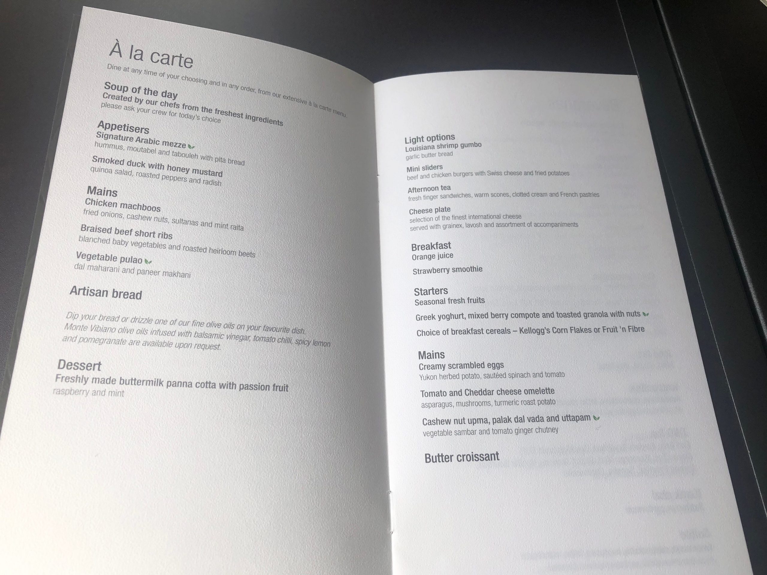 Qatar Airways menu