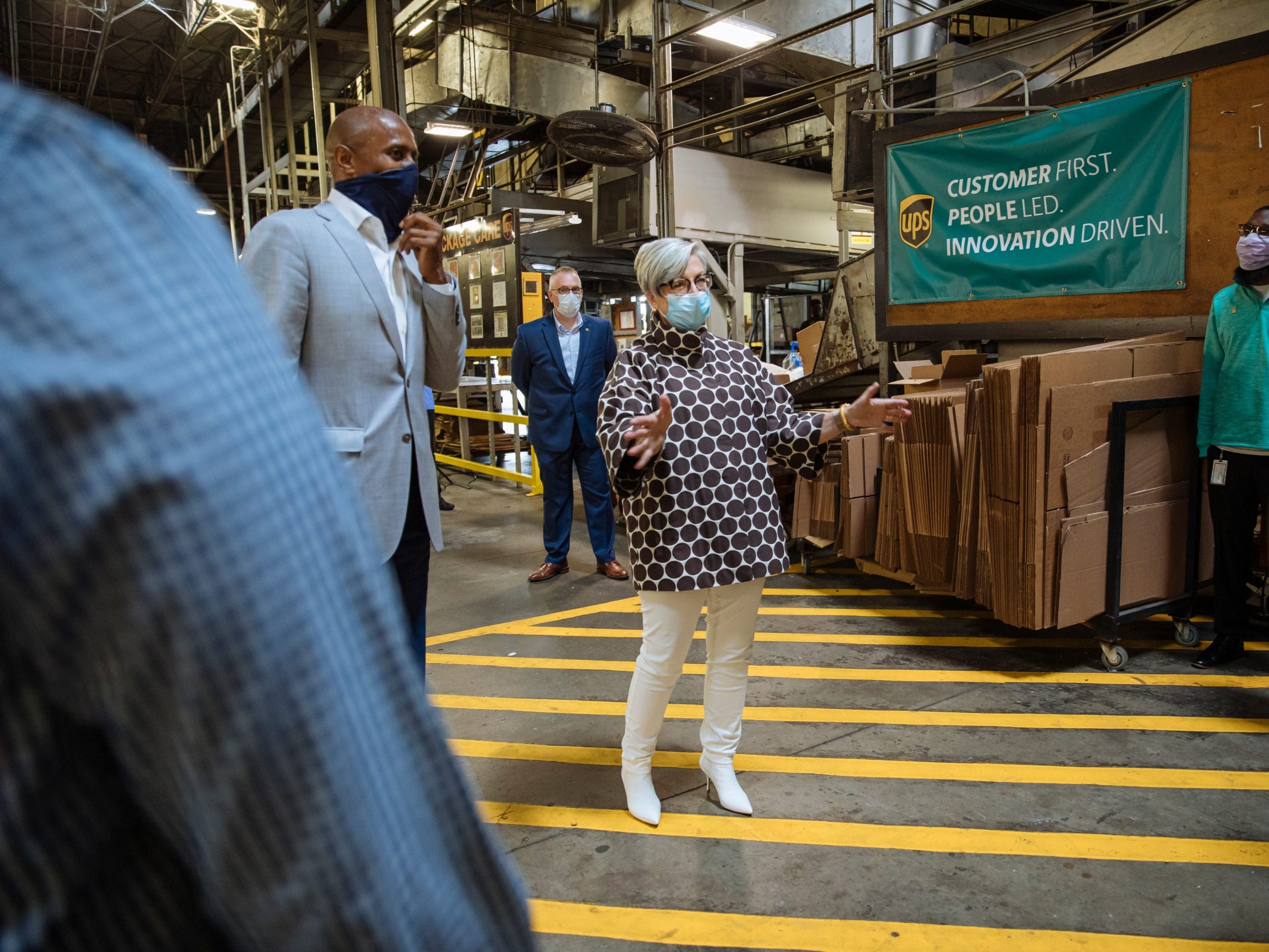 UPS CEO Carol Tomé speaks before a group at a UPS faciltity in Pleasantdale, Georgia.