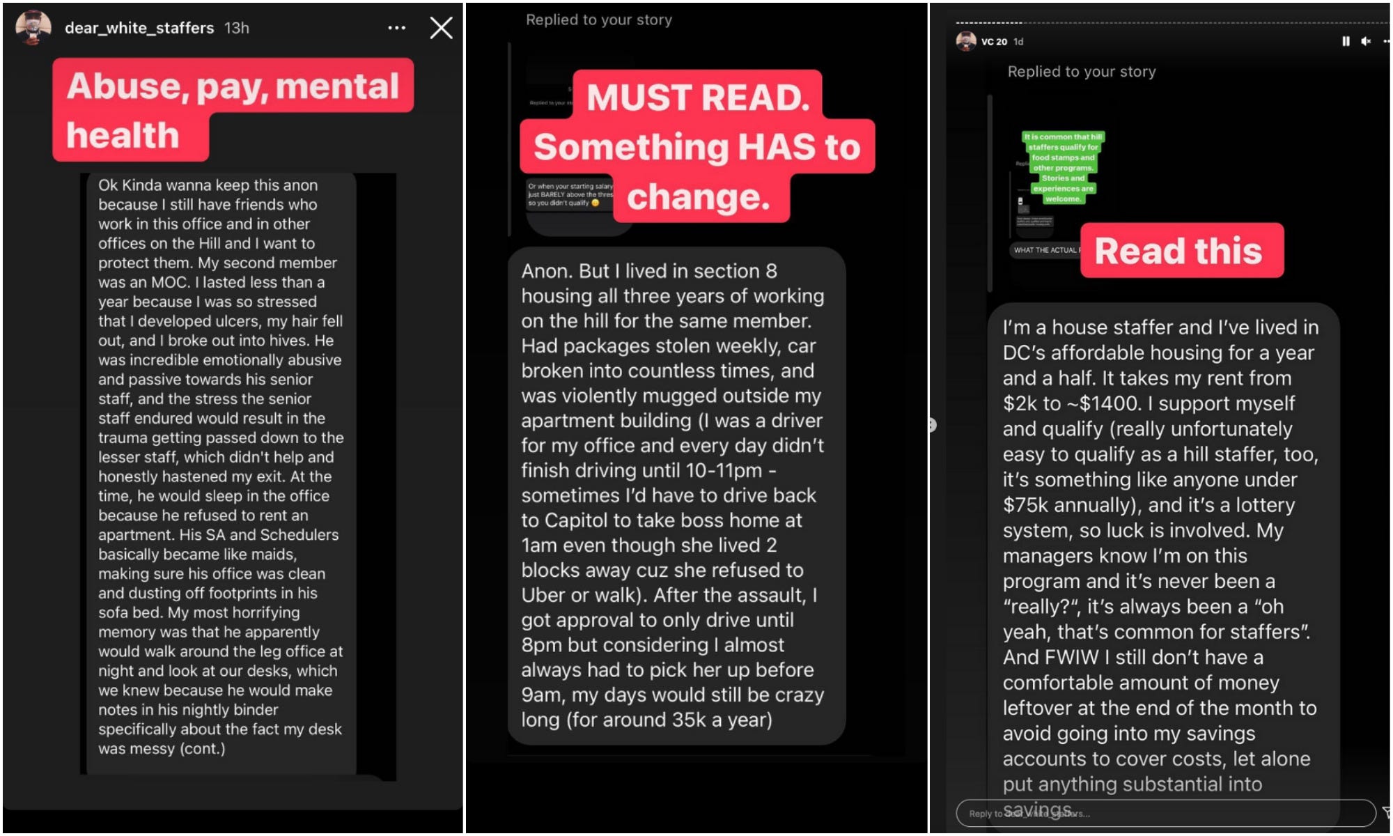 Screenshots of anonymous Capitol Hill staff account submitted to the Dear White Staffers Instagram Account.