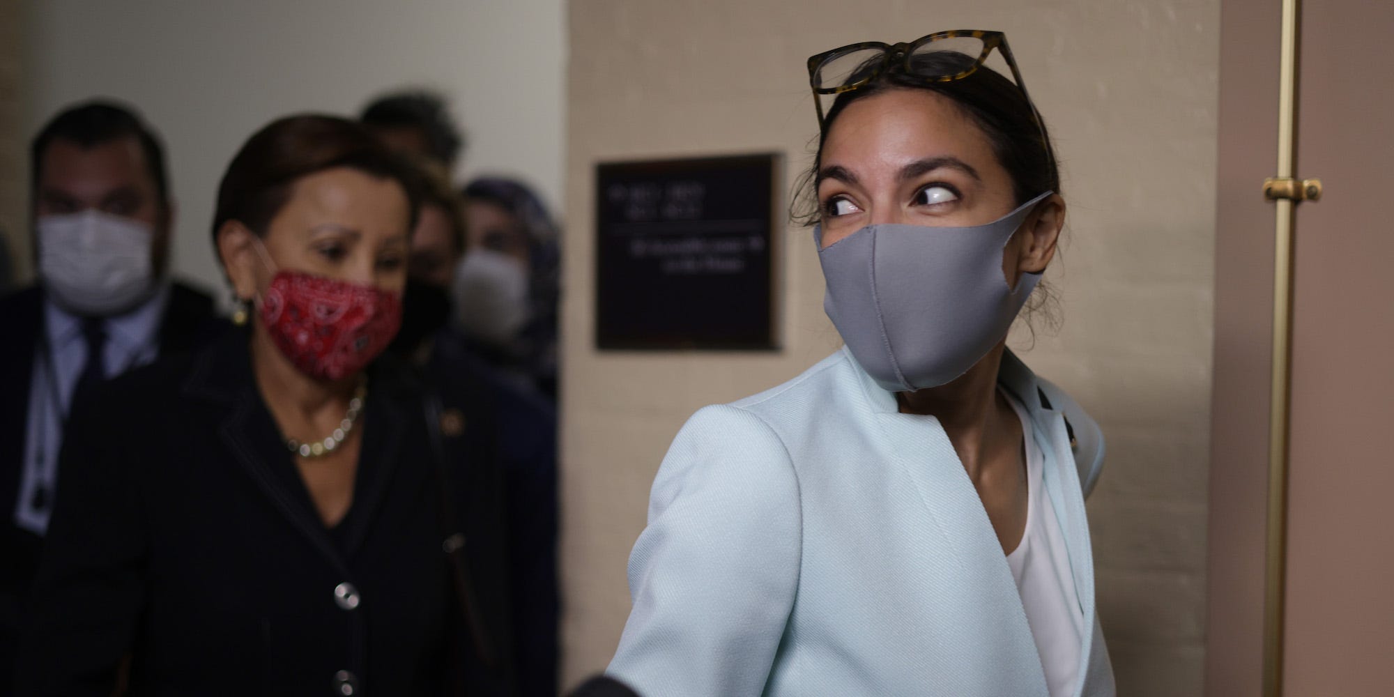 Democratic Rep. Alexandria Ocasio-Cortez of New York leaving a caucus meeting at the US Capitol on October 1, 2021.