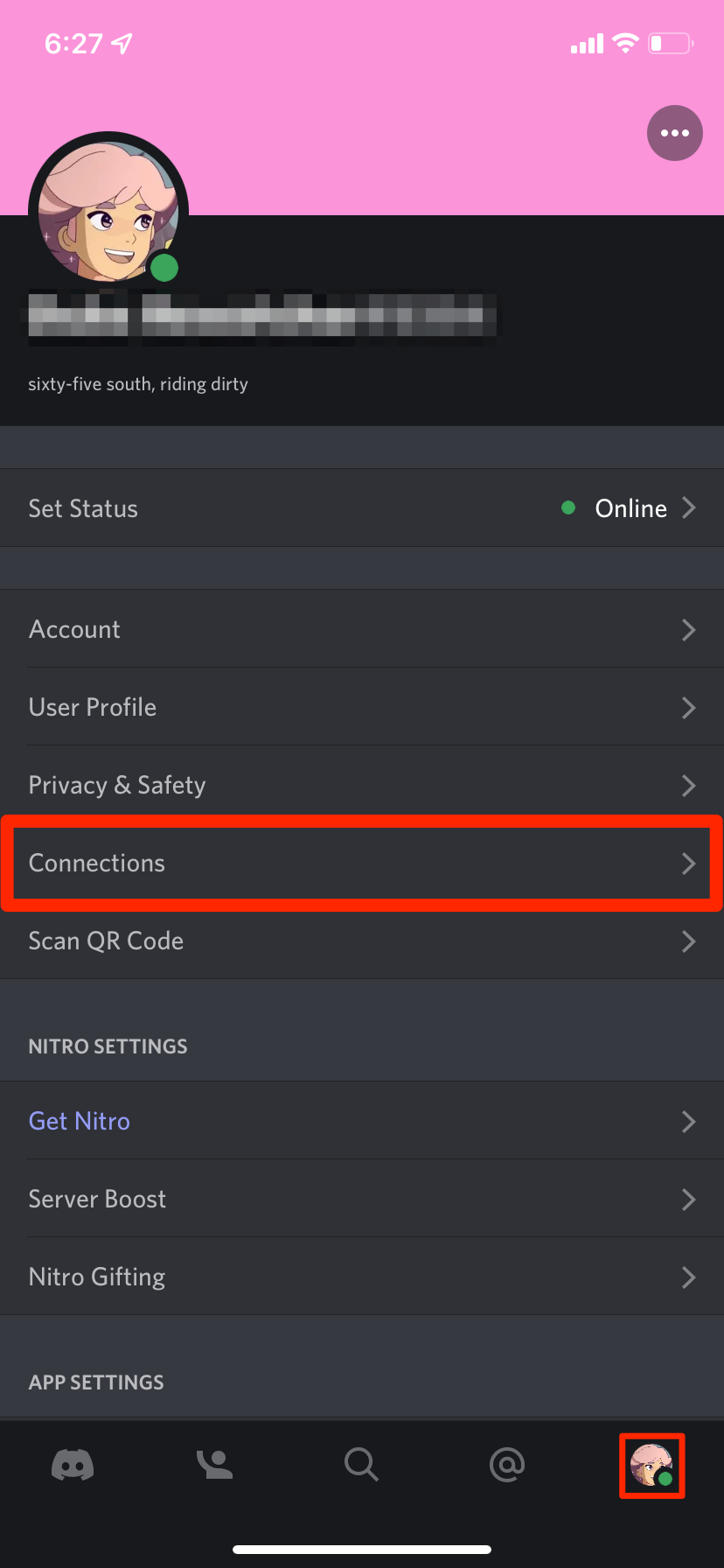 The "My Account" menu in the Discord iPhone app. The "Connections" option is highlighted.