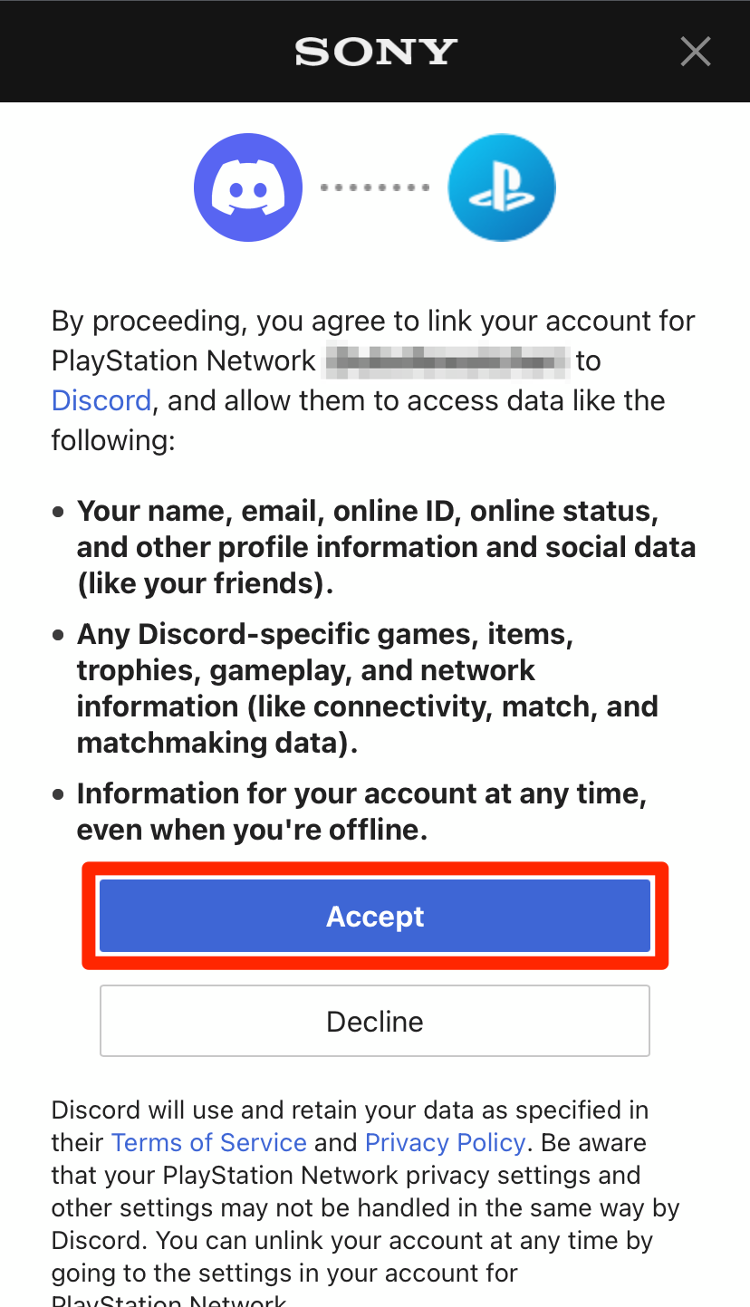 A webpage explaining what happens when the user links their Discord and PlayStation Network accounts.