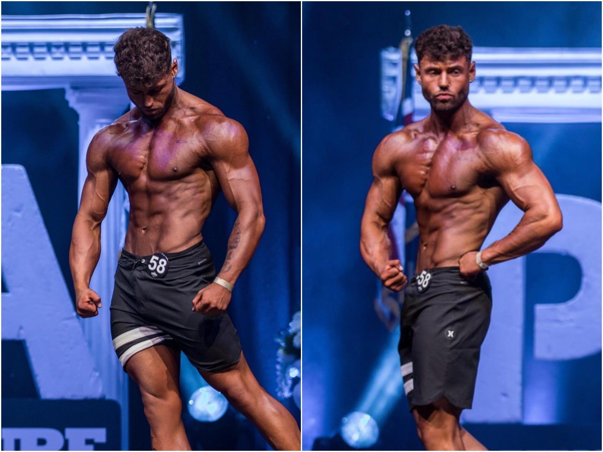 Model Jamie Goldie shows off his muscular physique at a bodybuilding competition.