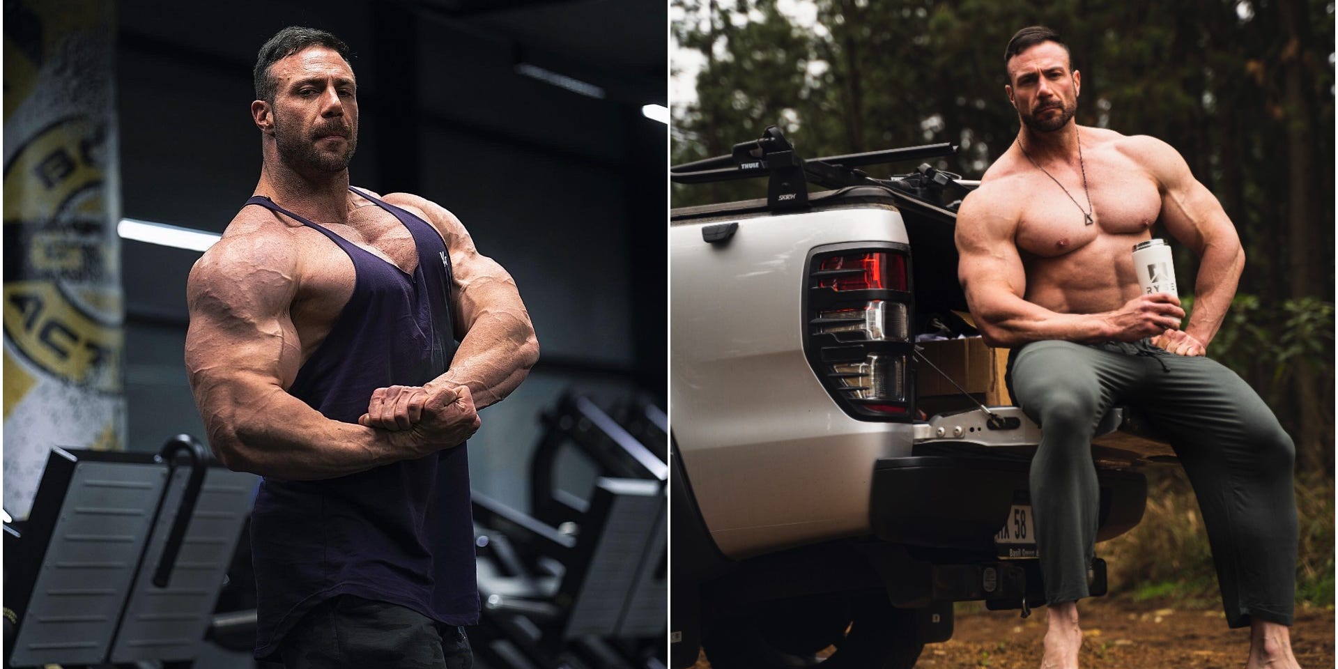 Fitness influencer and trainer Noel Deyzel, a steroid user, displays his muscular physique.