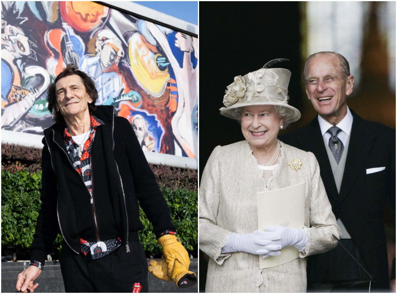 Ronnie Wood with his painting of the Rolling Stones and Queen Elizabeth II and Prince Philip at St Paul's Cathedral.