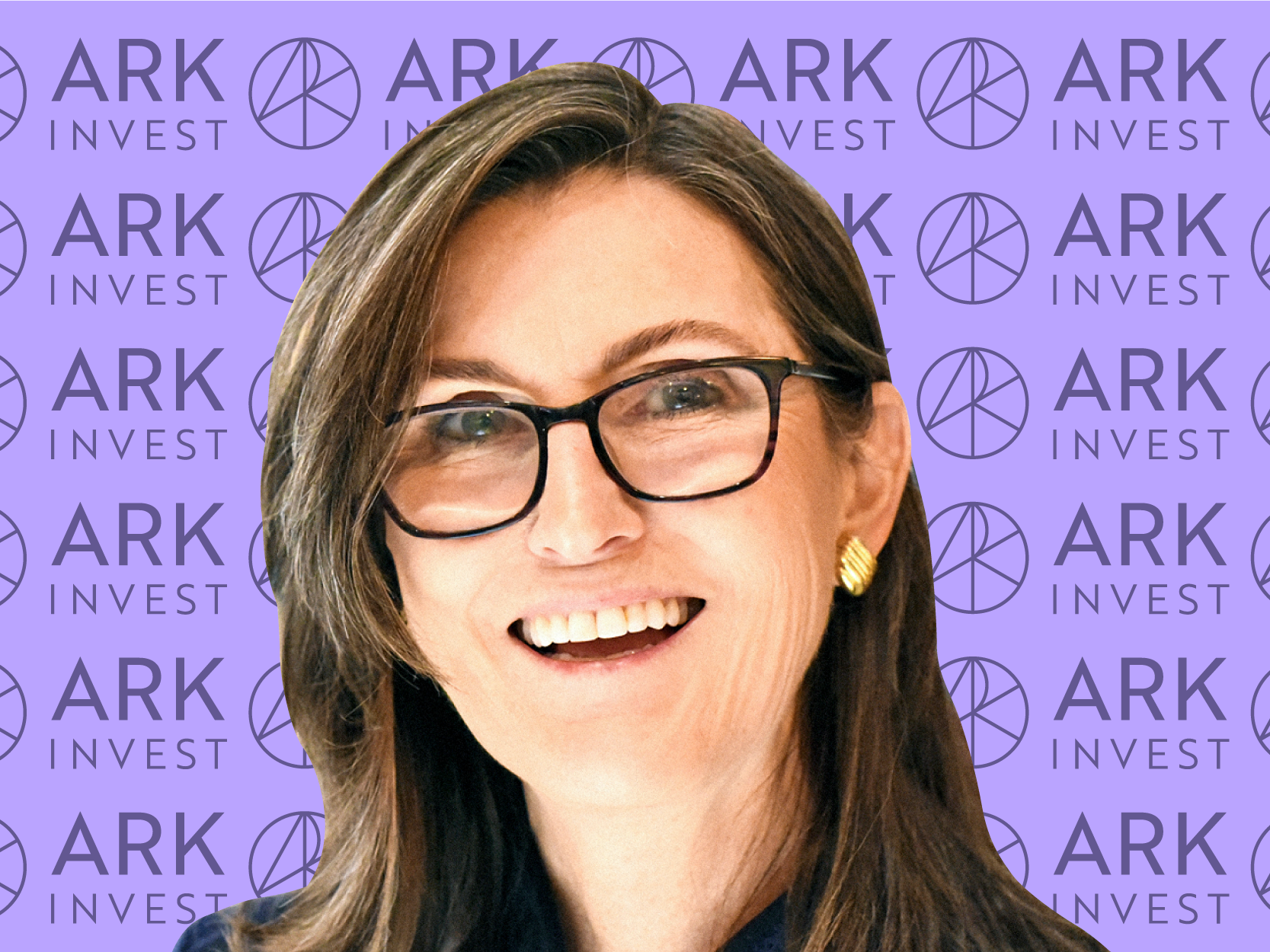 Cathie Wood, CEO and chief investment officer of ARK Invest, on a purple background with the Ark Invest logos patterned behind her.