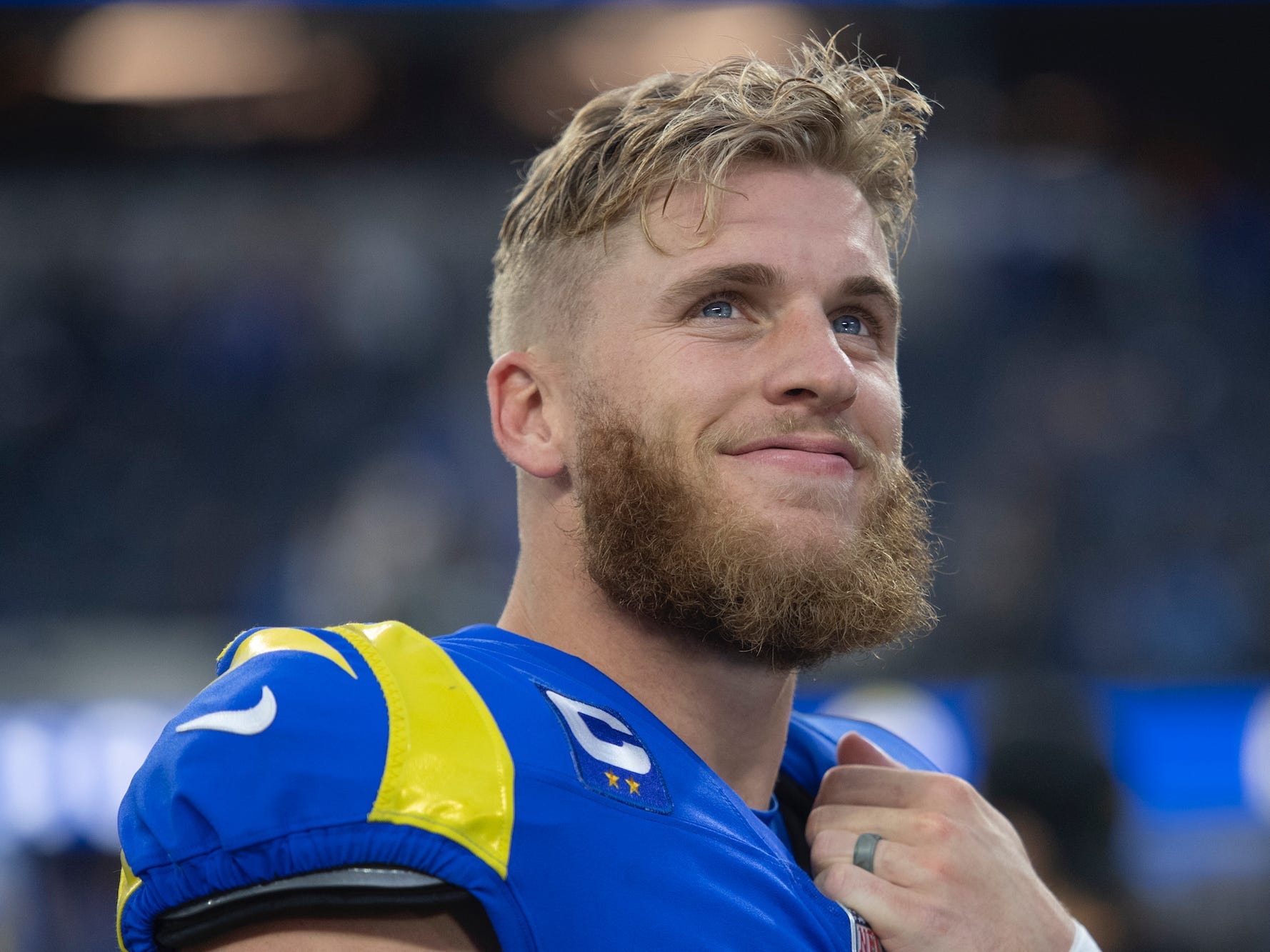 Cooper Kupp looks up and smiles.