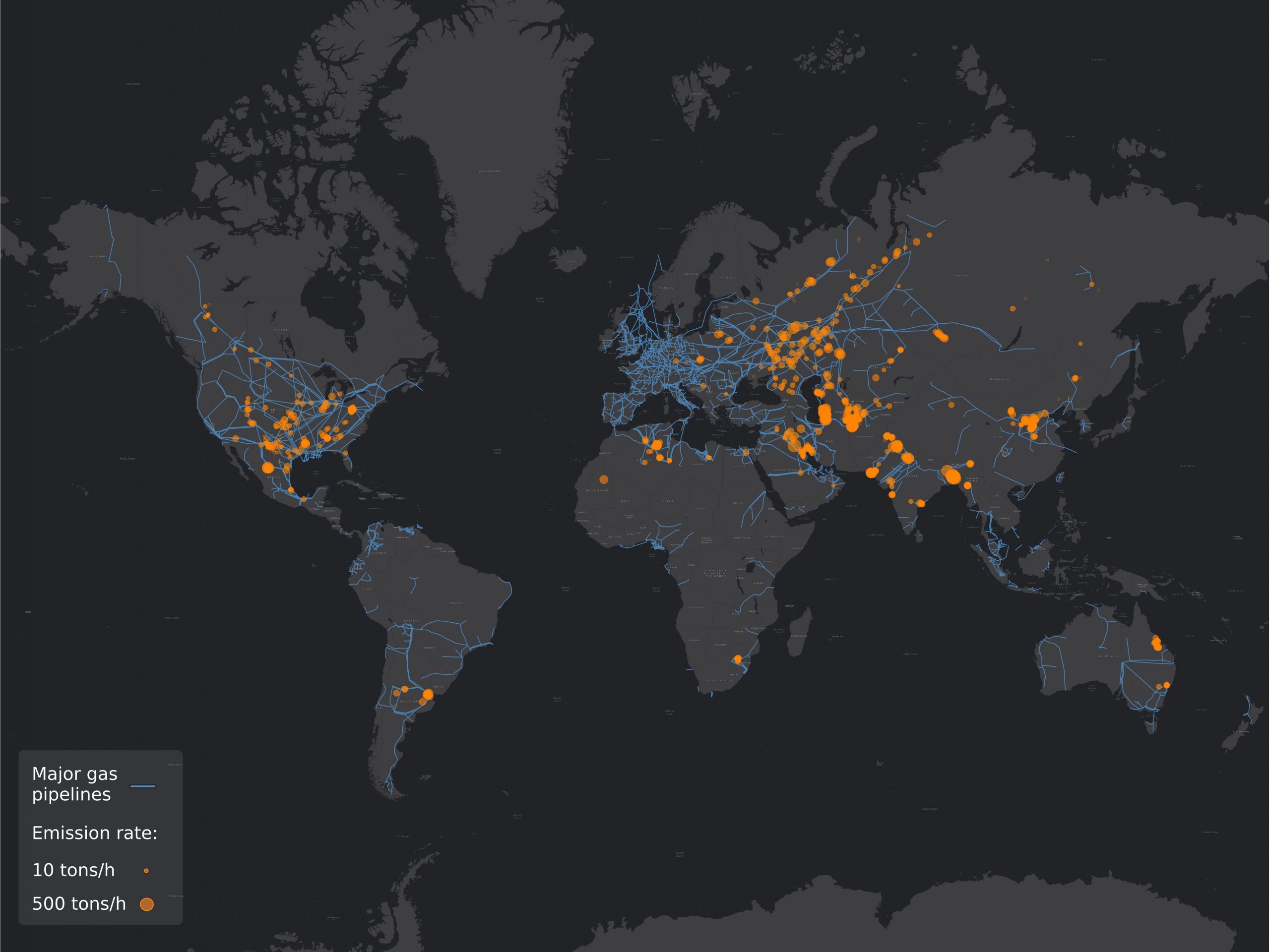 world map shows oil gas pipelines with clusters of orange dots representing major methane emissions